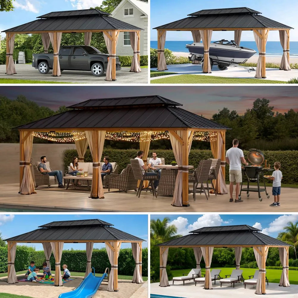 SUNJOY 12x20 Cedar Frame Gazebo with Galvanized Steel Roof and Curtains