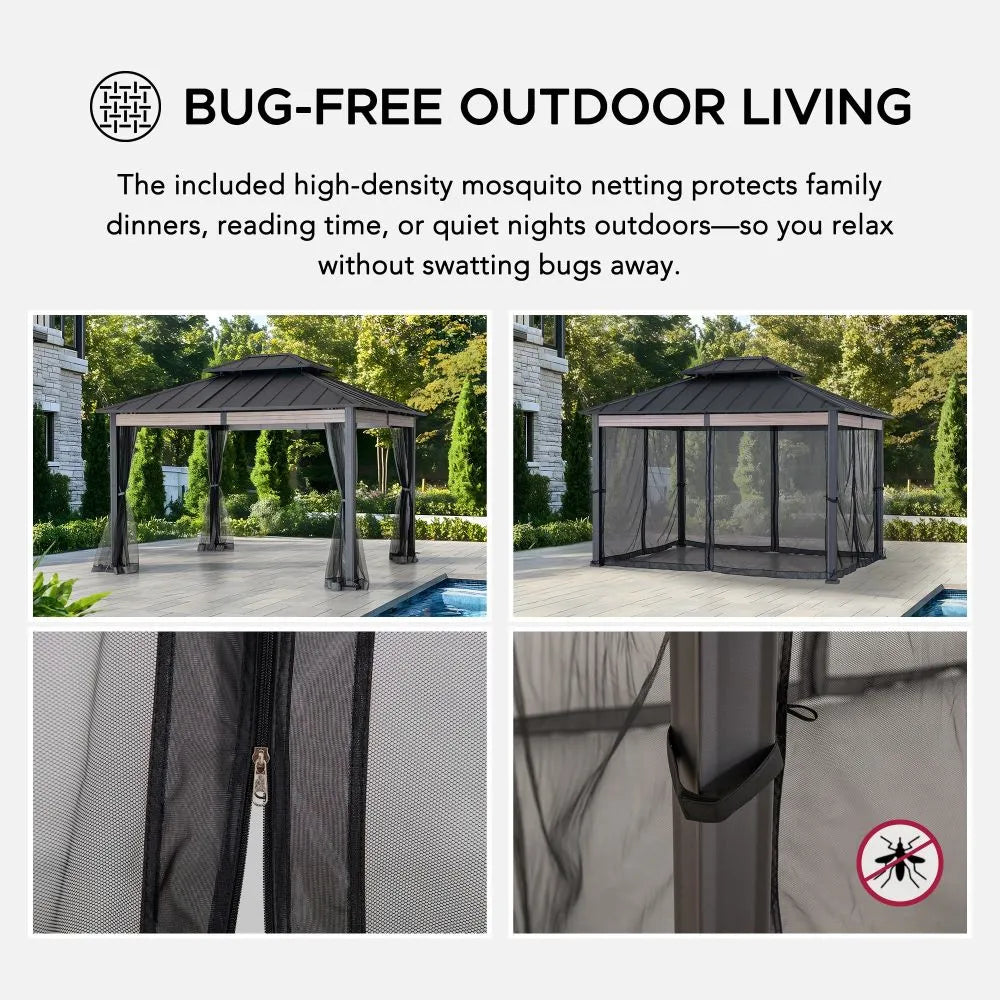 SUNJOY 10x12 Heavy-Duty Hardtop Gazebo with Mosquito Netting & Wood-Look Beams