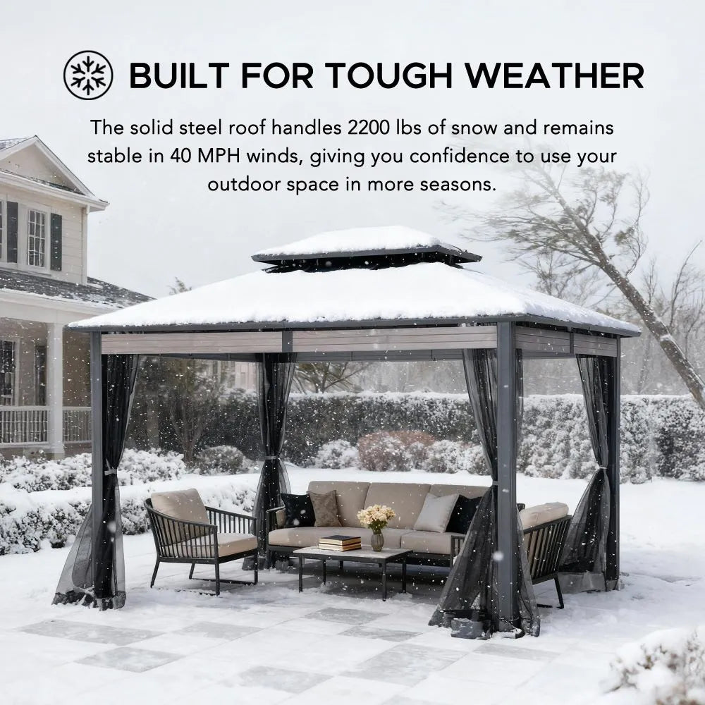 SUNJOY 10x12 Heavy-Duty Hardtop Gazebo with Mosquito Netting & Wood-Look Beams