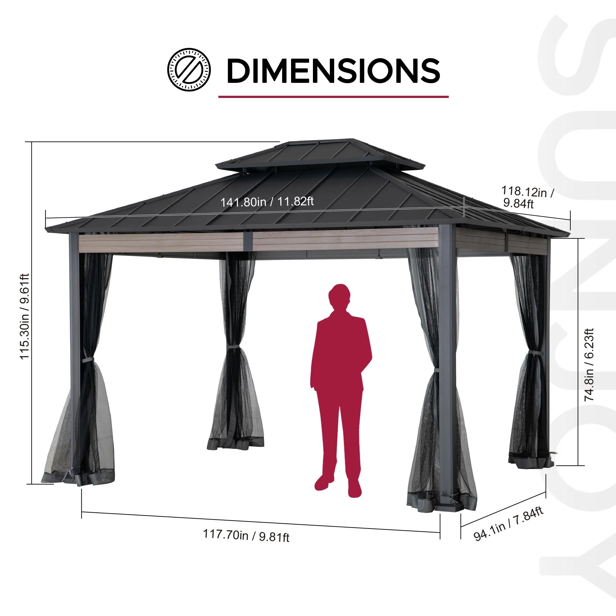 SUNJOY 10x12 Heavy-Duty Hardtop Gazebo with Mosquito Netting & Wood-Look Beams
