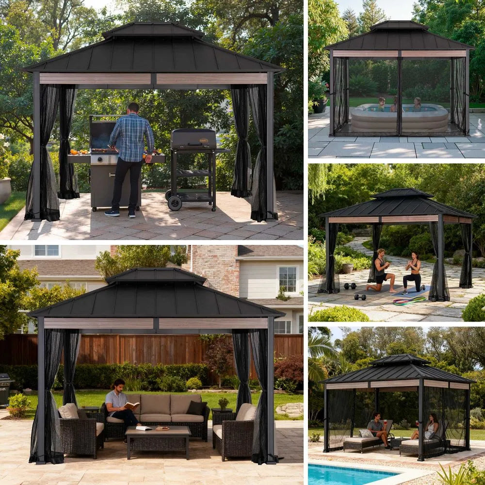 SUNJOY 10x12 Heavy-Duty Hardtop Gazebo with Mosquito Netting & Wood-Look Beams