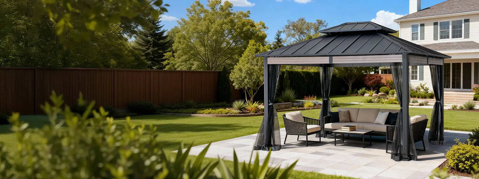 SUNJOY 10x12 Heavy-Duty Hardtop Gazebo with Mosquito Netting & Wood-Look Beams