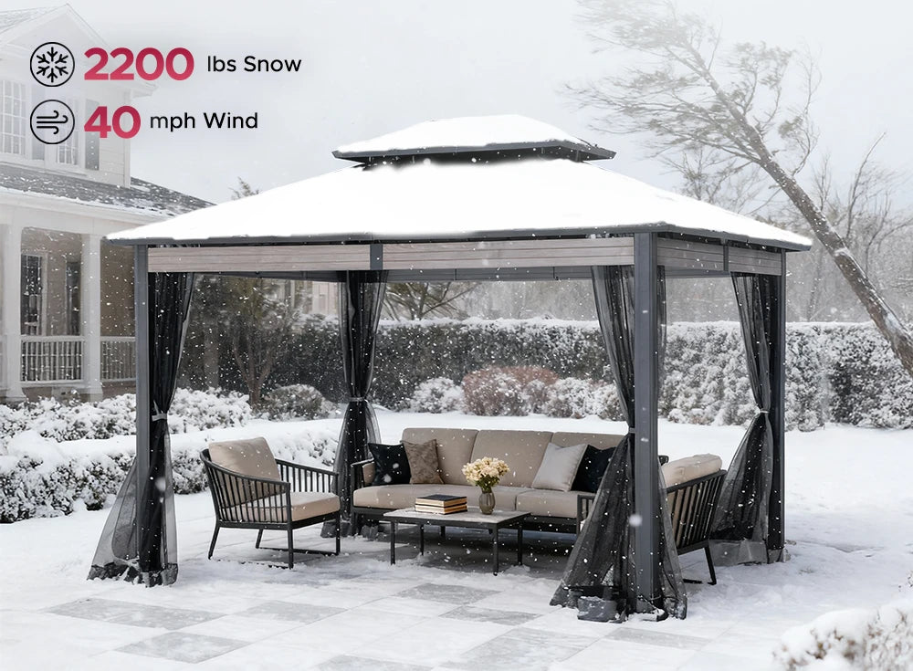 SUNJOY 10x12 Heavy-Duty Hardtop Gazebo with Mosquito Netting & Wood-Look Beams