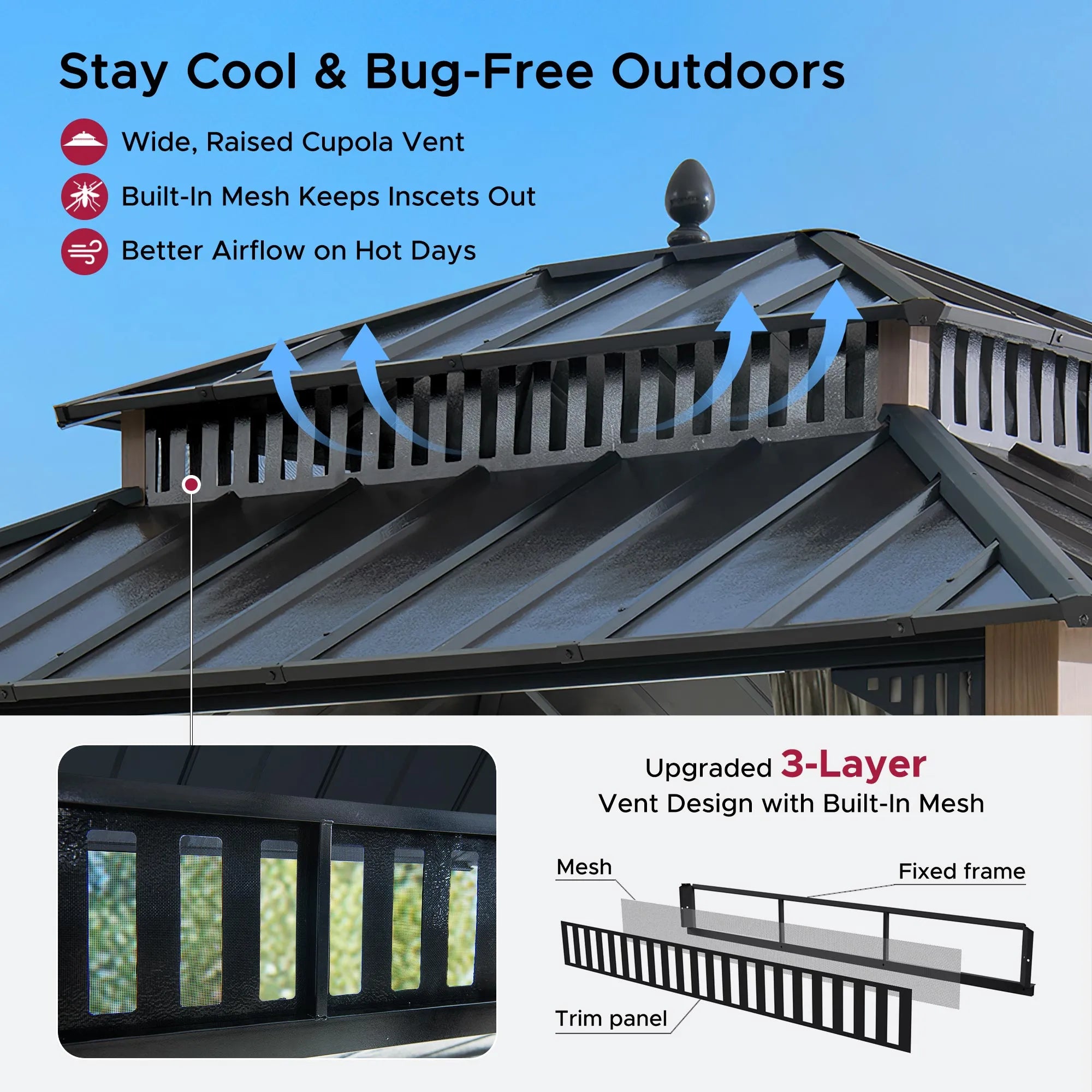 SUNJOY Kingston 12x10 Gazebo with Netting & Curtain | Steel Roof - Woodgrain Aluminum Posts