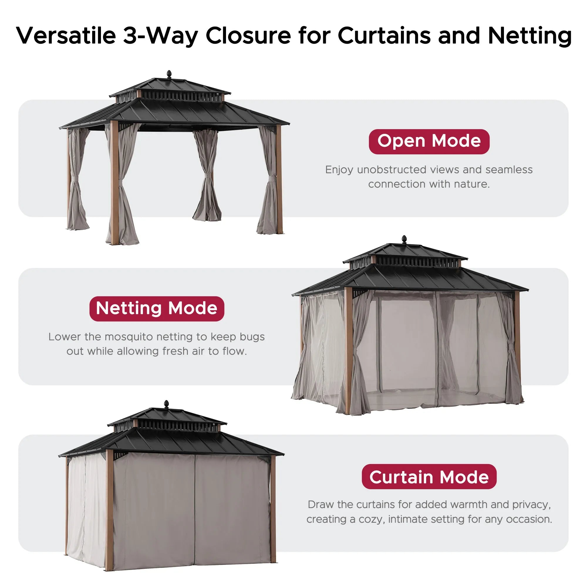 SUNJOY Kingston 12x10 Gazebo with Netting & Curtain | Steel Roof - Woodgrain Aluminum Posts