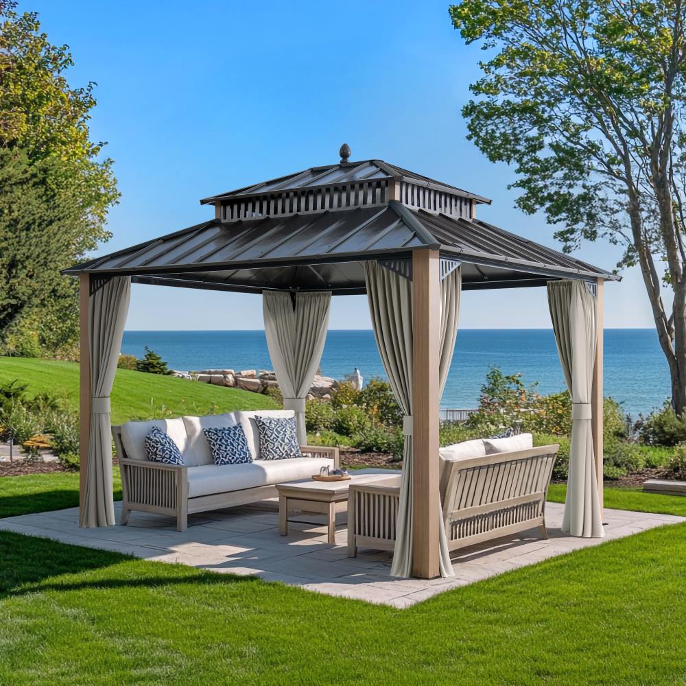 SUNJOY Kingston 12x10 Gazebo with Netting & Curtain | Steel Roof - Woodgrain Aluminum Posts
