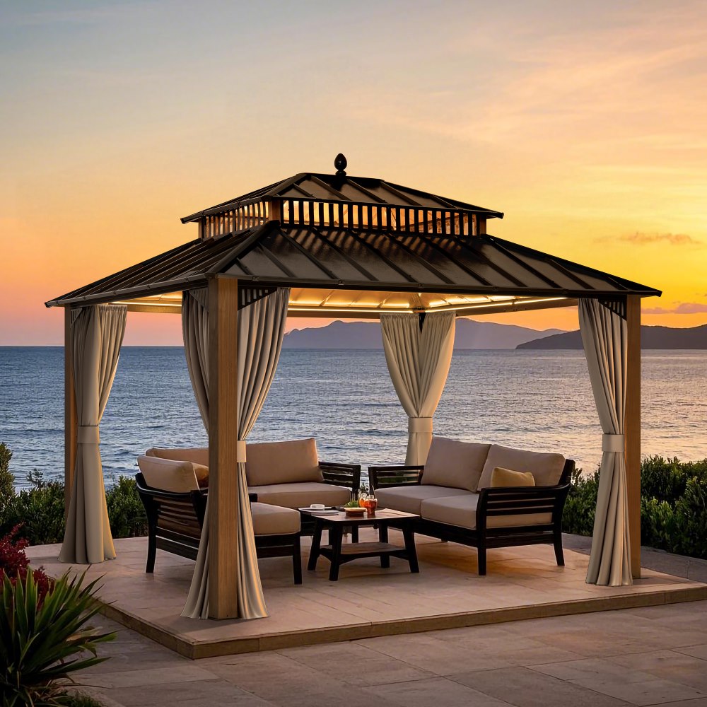 SUNJOY Kingston 12x10 Gazebo with Netting & Curtain | Steel Roof - Woodgrain Aluminum Posts