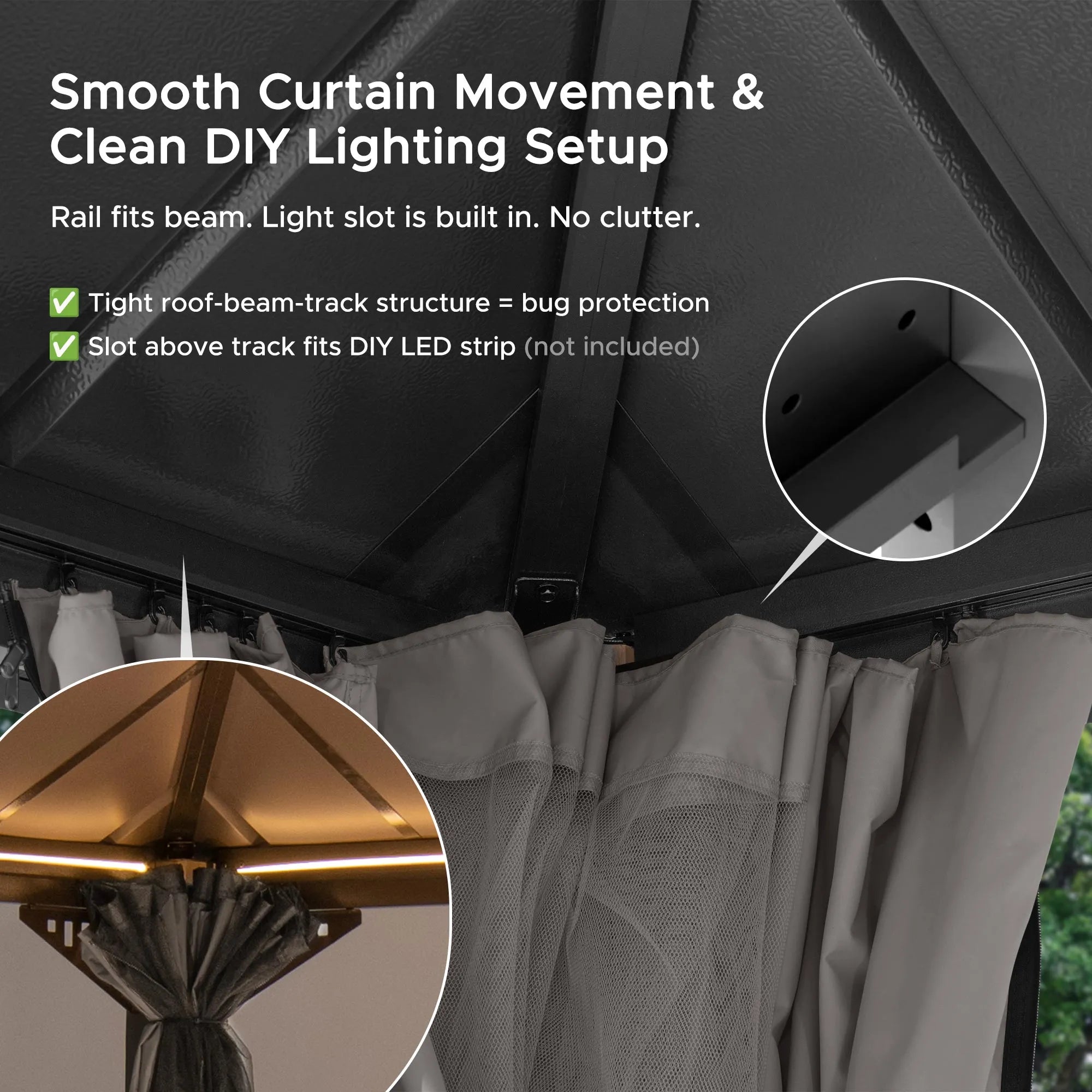 SUNJOY Kingston 12x10 Gazebo with Netting & Curtain | Steel Roof - Woodgrain Aluminum Posts