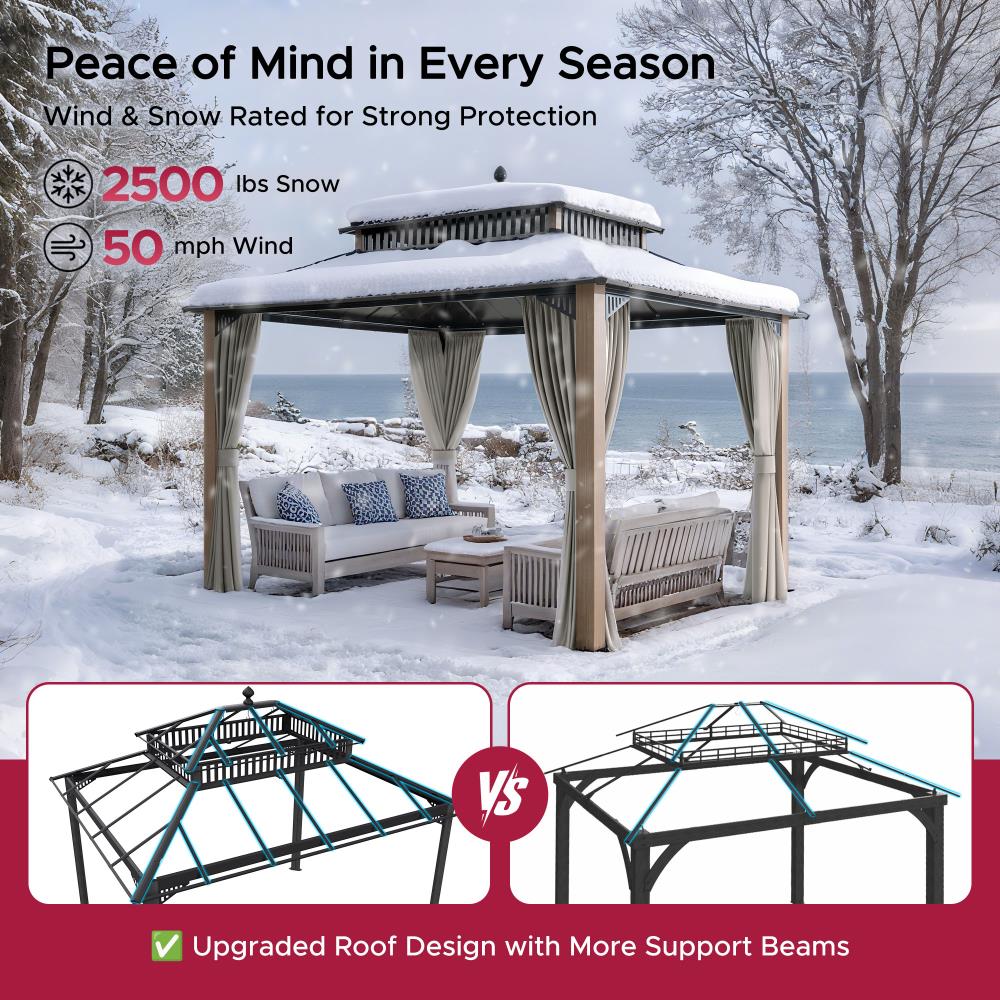 SUNJOY Kingston 12x10 Gazebo with Netting & Curtain | Steel Roof - Woodgrain Aluminum Posts