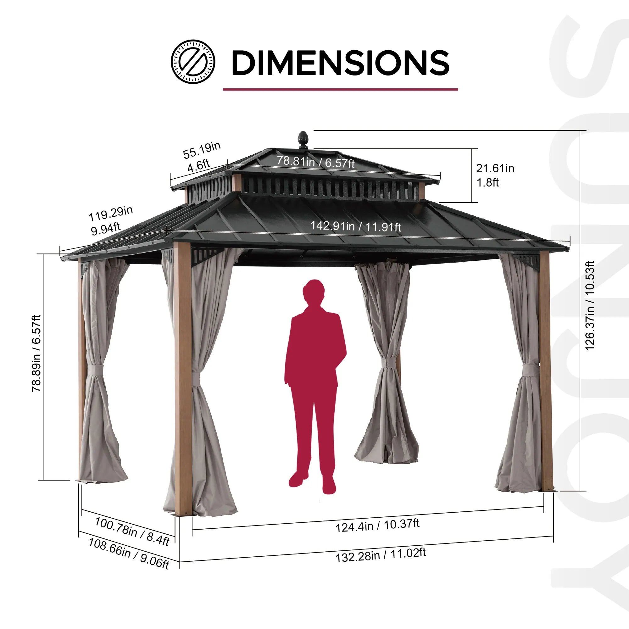 SUNJOY Kingston 12x10 Gazebo with Netting & Curtain | Steel Roof - Woodgrain Aluminum Posts
