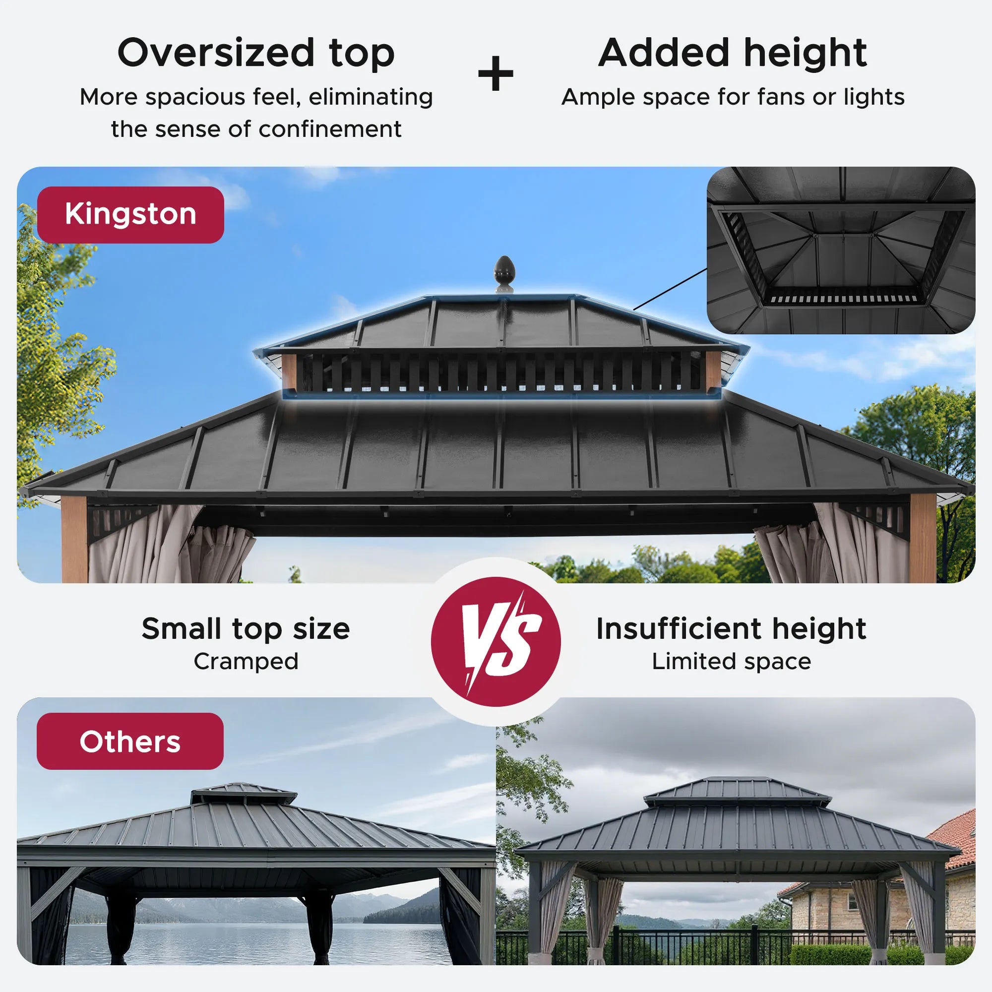 SUNJOY Kingston 12x10 Gazebo with Netting & Curtain | Steel Roof - Woodgrain Aluminum Posts