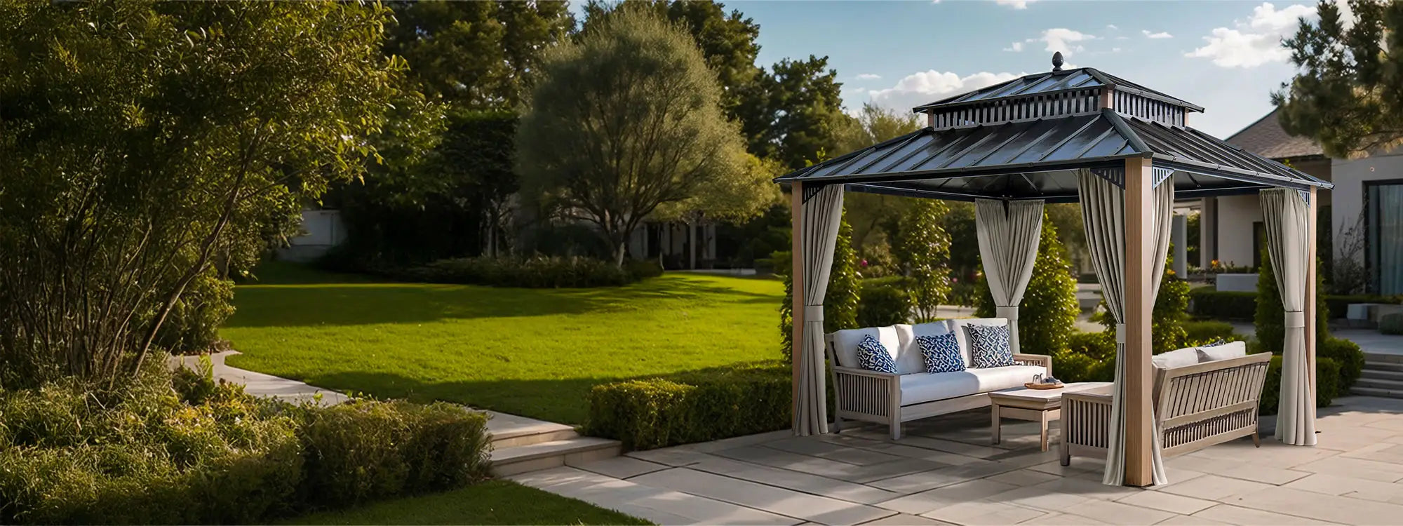 SUNJOY Kingston 12x10 Gazebo with Netting & Curtain | Steel Roof - Woodgrain Aluminum Posts