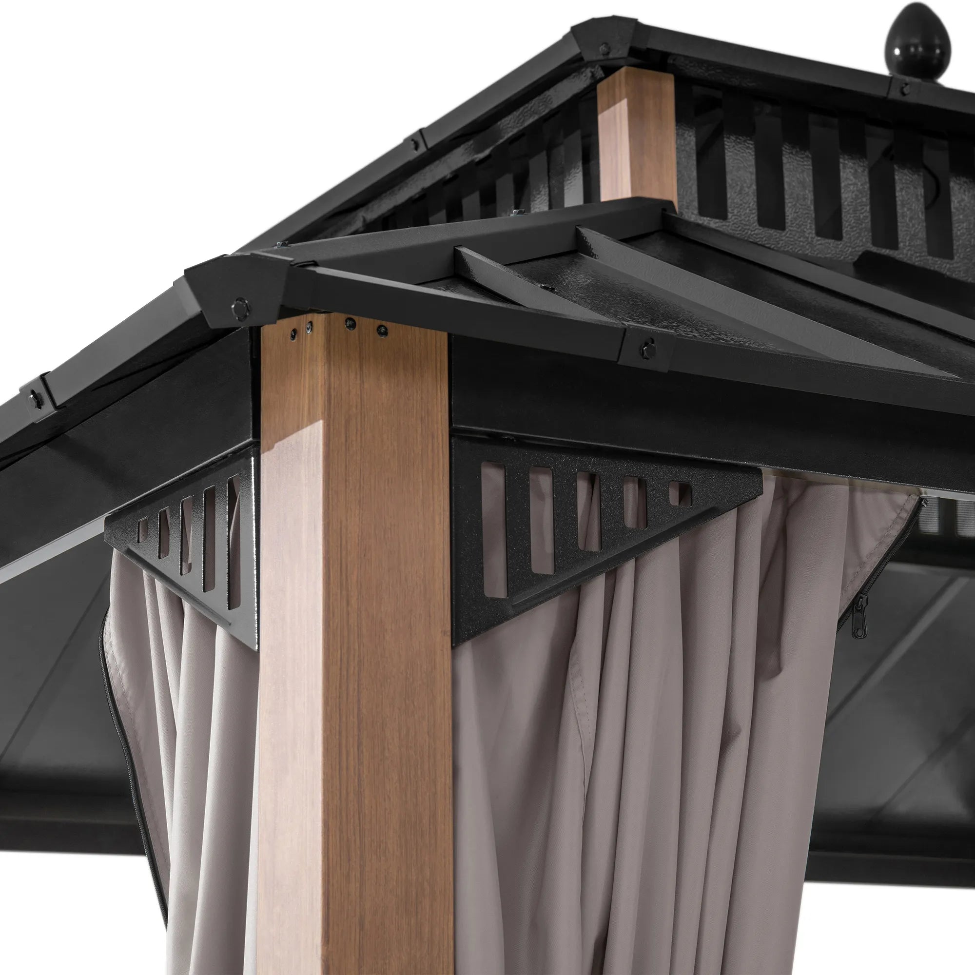 SUNJOY Kingston 12x10 Gazebo with Netting & Curtain | Steel Roof - Woodgrain Aluminum Posts