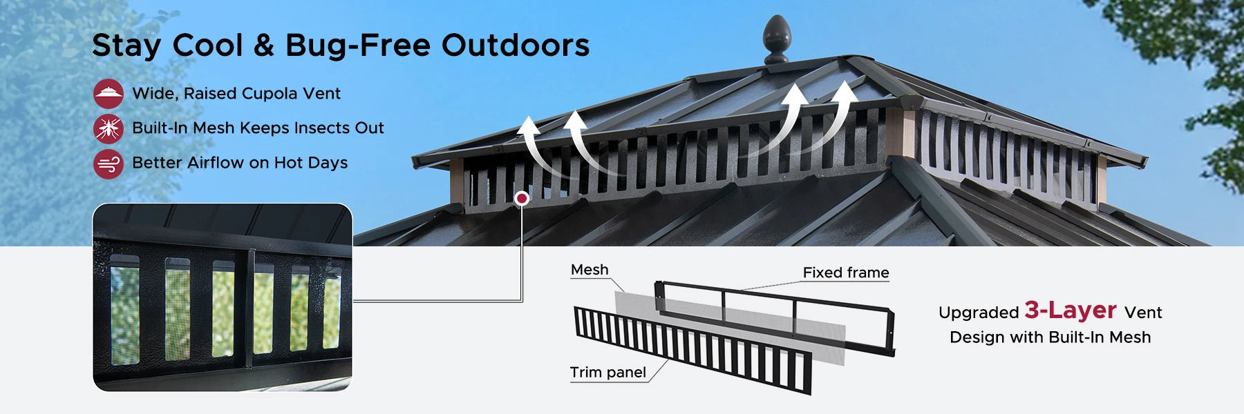 SUNJOY Kingston 12x10 Gazebo with Netting & Curtain | Steel Roof - Woodgrain Aluminum Posts