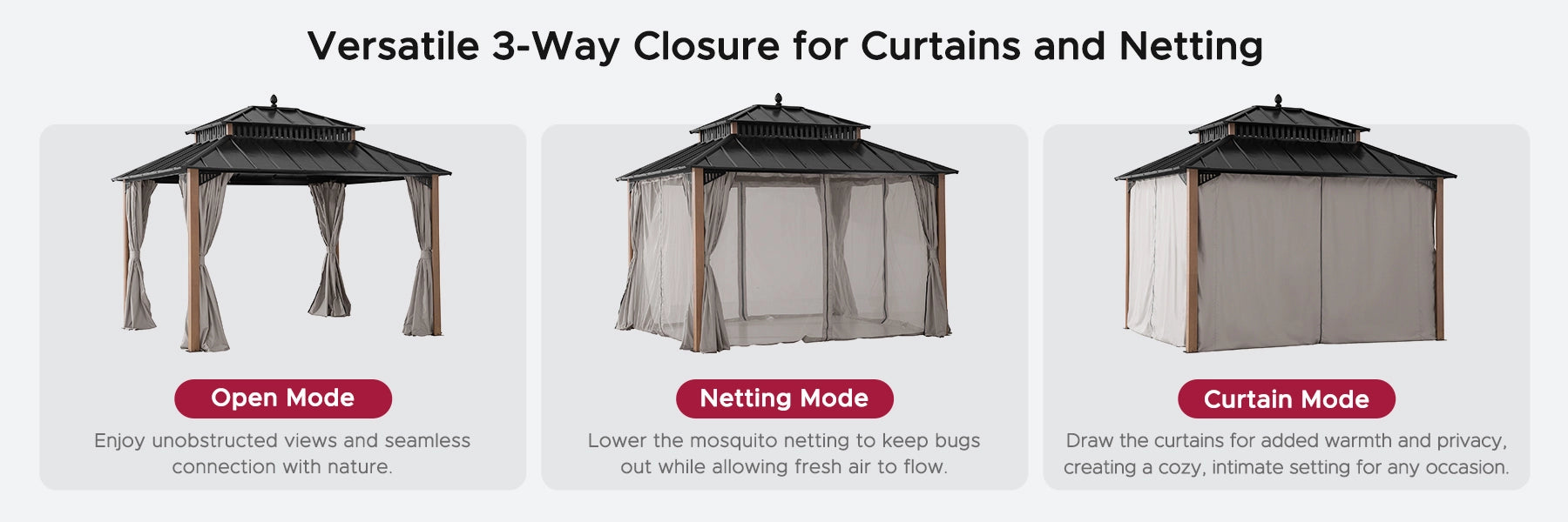 SUNJOY Kingston 12x10 Gazebo with Netting & Curtain | Steel Roof - Woodgrain Aluminum Posts