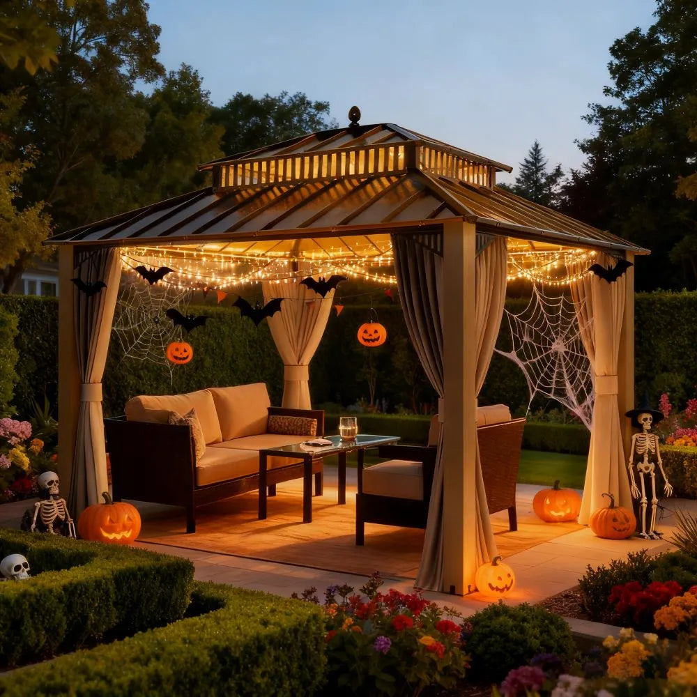 Gazebo decorated for Halloween with lights, pumpkins, and skeletons in a garden setting.
