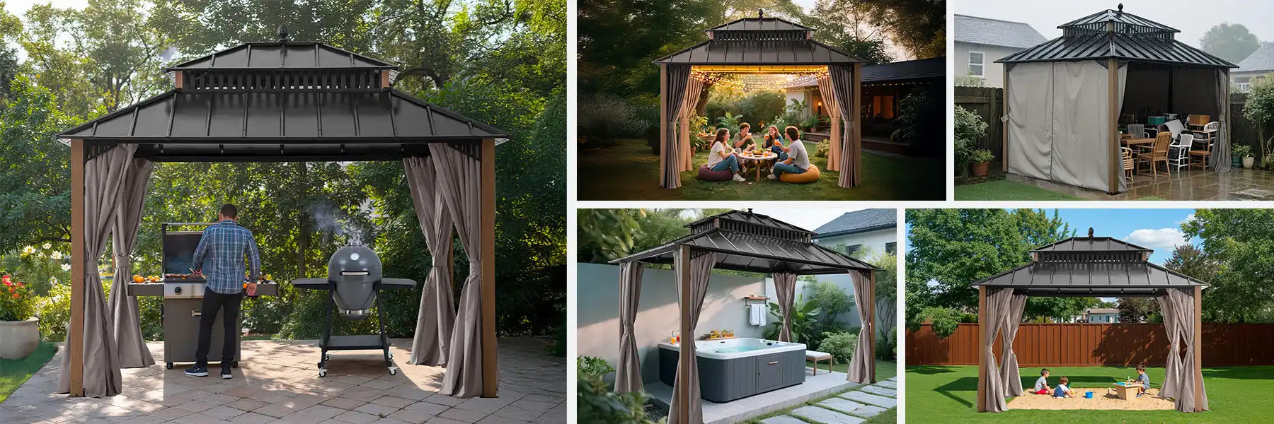 SUNJOY Kingston 12x10 Gazebo with Netting & Curtain | Steel Roof - Woodgrain Aluminum Posts
