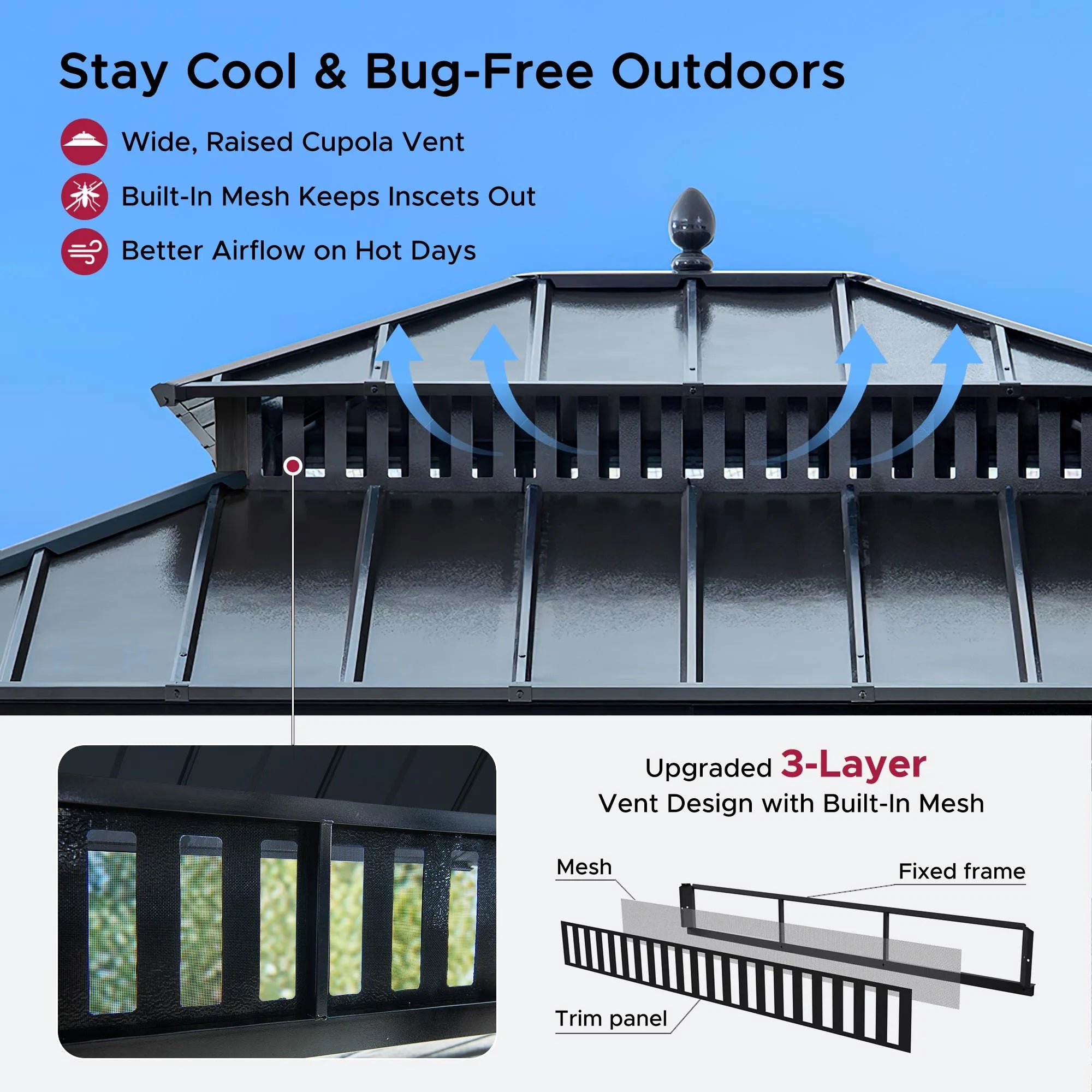 SUNJOY Kingston 12x10 Gazebo with Netting & Curtain | Steel Roof - Gray Aluminum Posts