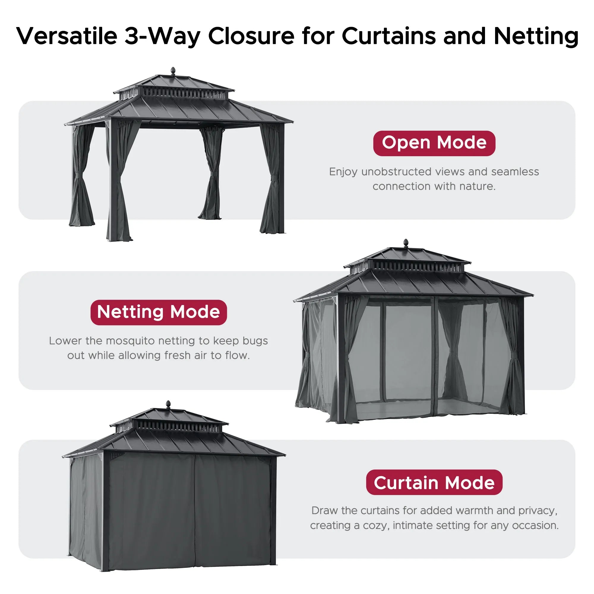 SUNJOY Kingston 12x10 Gazebo with Netting & Curtain | Steel Roof - Gray Aluminum Posts