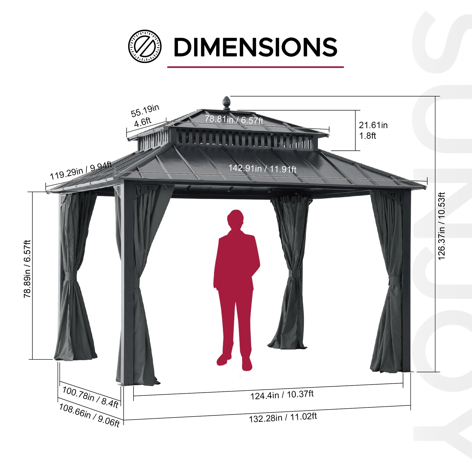 SUNJOY Kingston 12x10 Gazebo with Netting & Curtain | Steel Roof - Gray Aluminum Posts