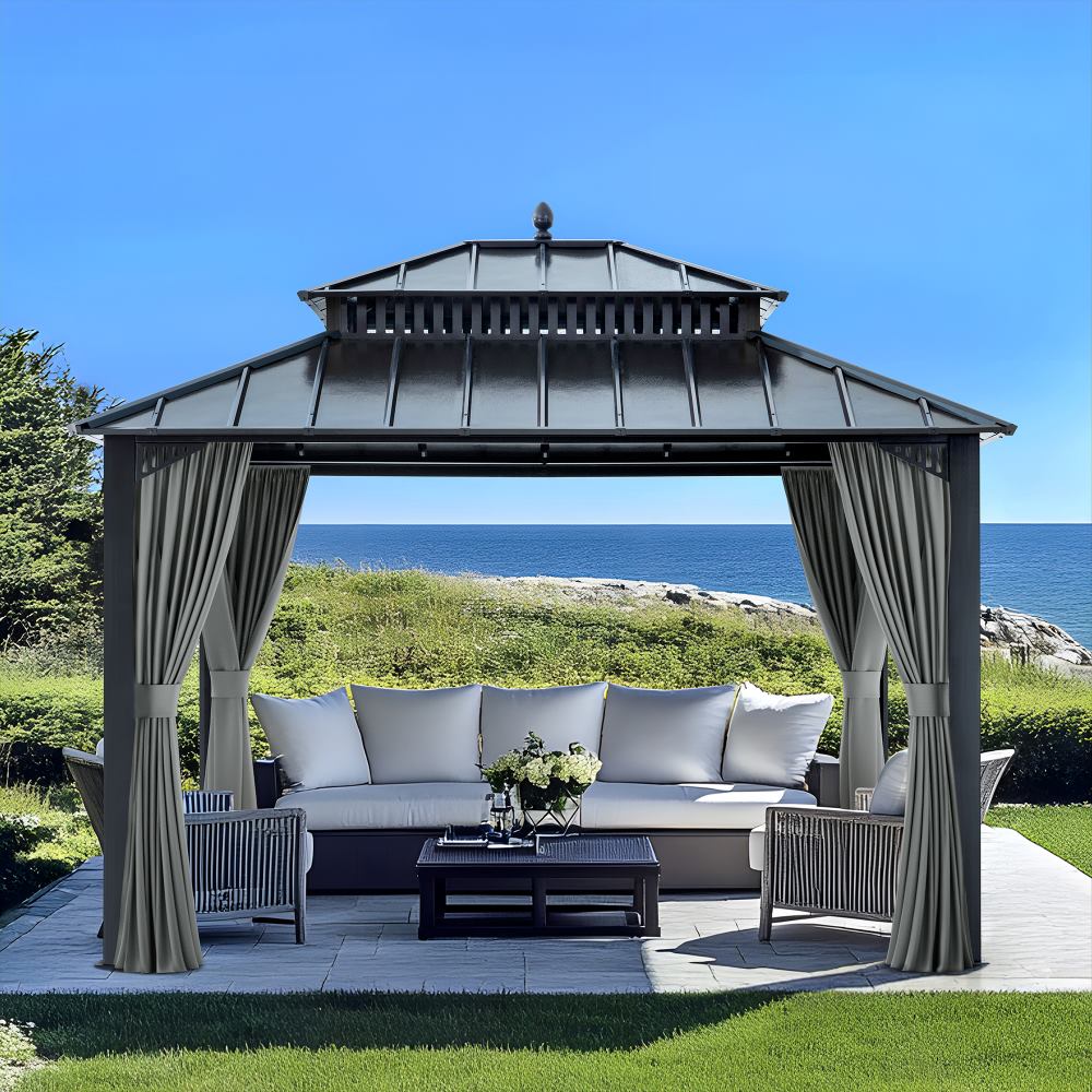 SUNJOY Kingston 12x10 Gazebo with Netting & Curtain | Steel Roof - Gray Aluminum Posts