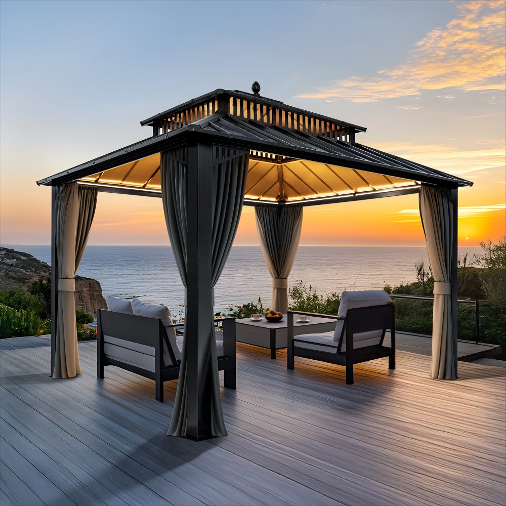 SUNJOY Kingston 12x10 Gazebo with Netting & Curtain | Steel Roof - Gray Aluminum Posts