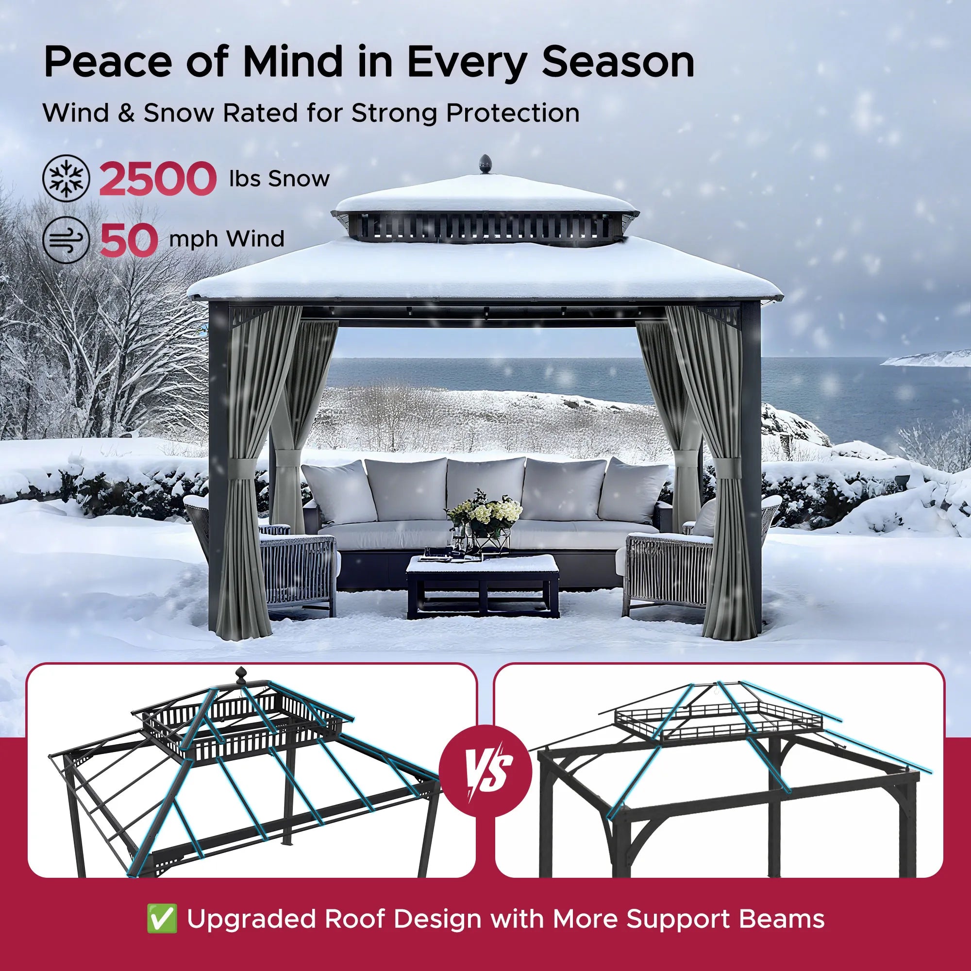 SUNJOY Kingston 12x10 Gazebo with Netting & Curtain | Steel Roof - Gray Aluminum Posts