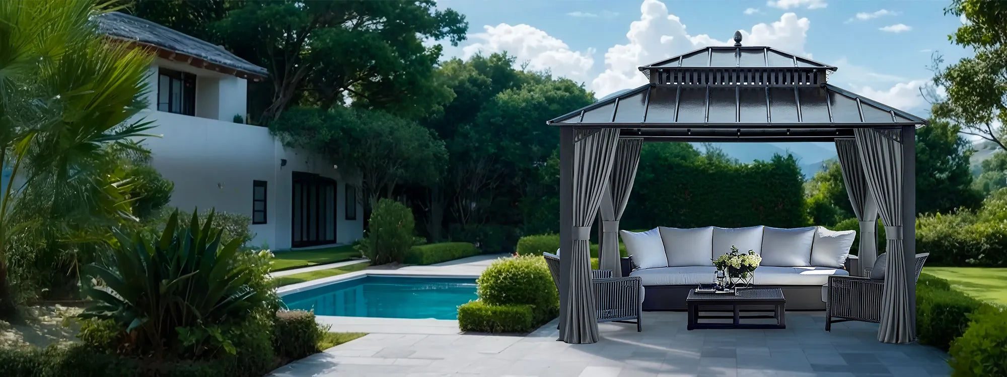 SUNJOY Kingston 12x10 Gazebo with Netting & Curtain | Steel Roof - Gray Aluminum Posts