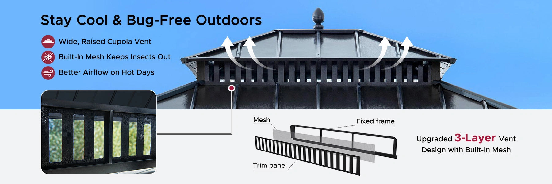 SUNJOY Kingston 12x10 Gazebo with Netting & Curtain | Steel Roof - Gray Aluminum Posts