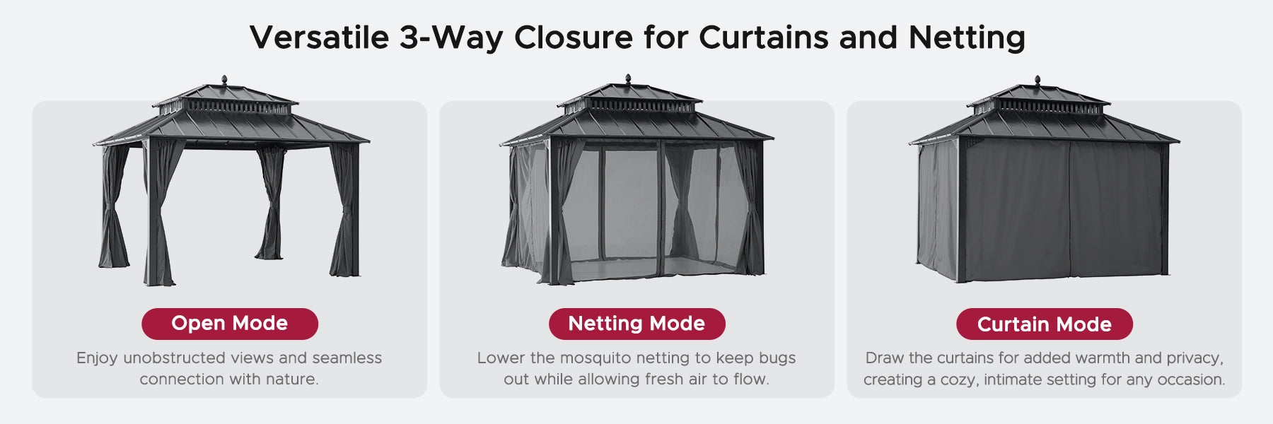 SUNJOY Kingston 12x10 Gazebo with Netting & Curtain | Steel Roof - Gray Aluminum Posts