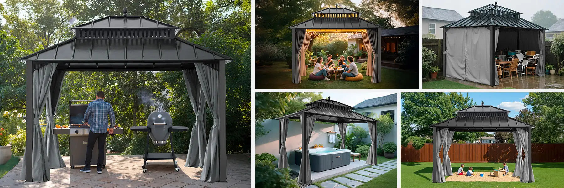 SUNJOY Kingston 12x10 Gazebo with Netting & Curtain | Steel Roof - Gray Aluminum Posts