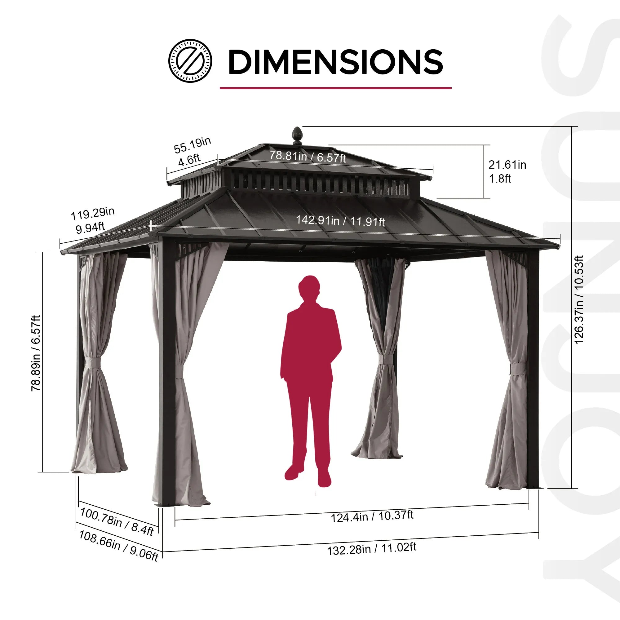 SUNJOY Kingston 12x10 Gazebo with Netting & Curtain | Steel Roof - Brown Aluminum Posts