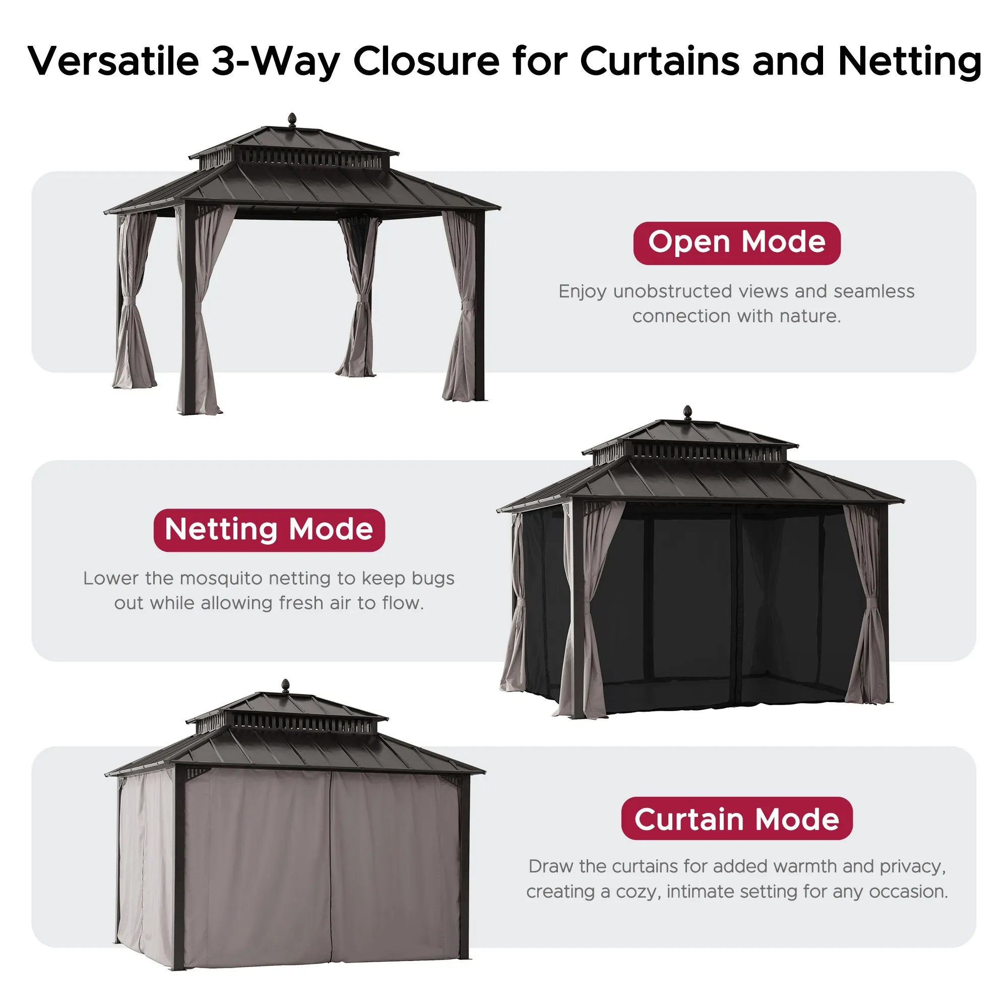 SUNJOY Kingston 12x10 Gazebo with Netting & Curtain | Steel Roof - Brown Aluminum Posts