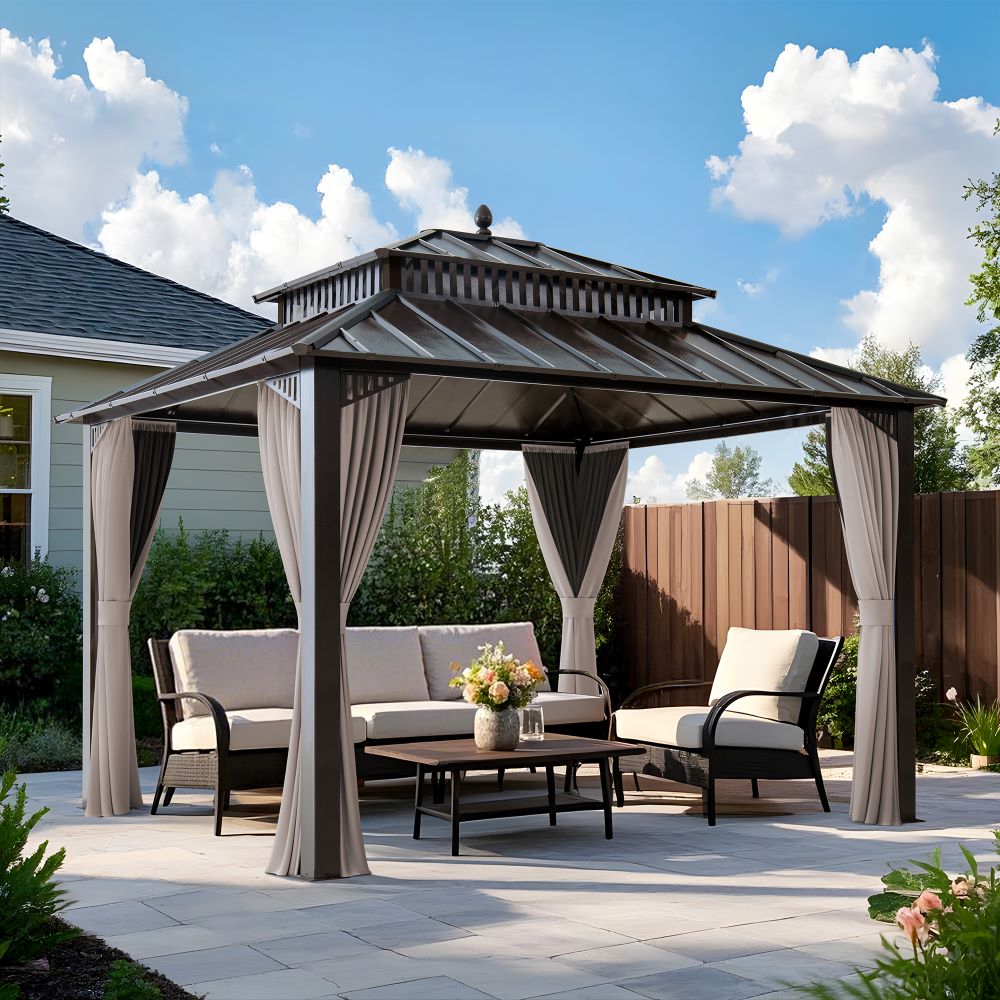 SUNJOY Kingston 12x10 Gazebo with Netting & Curtain | Steel Roof - Brown Aluminum Posts