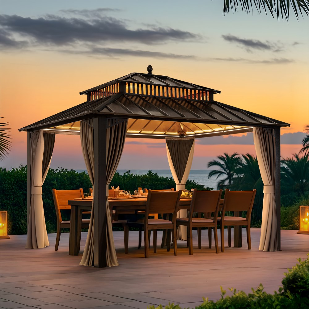 SUNJOY Kingston 12x10 Gazebo with Netting & Curtain | Steel Roof - Brown Aluminum Posts