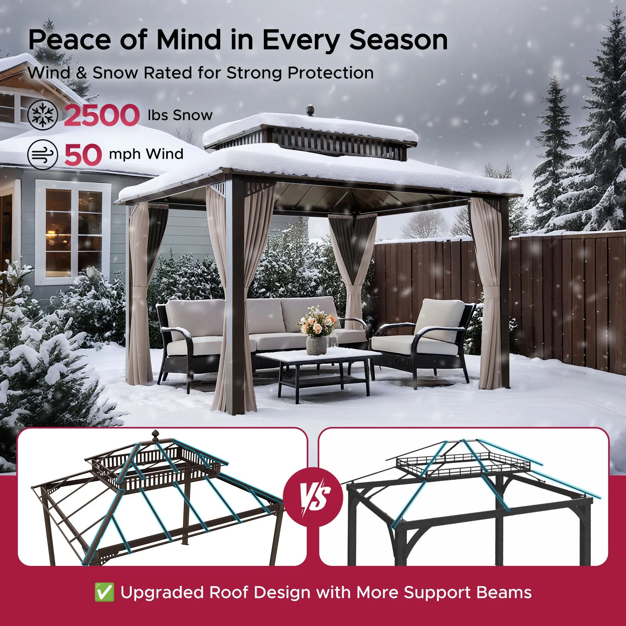 SUNJOY Kingston 12x10 Gazebo with Netting & Curtain | Steel Roof - Brown Aluminum Posts