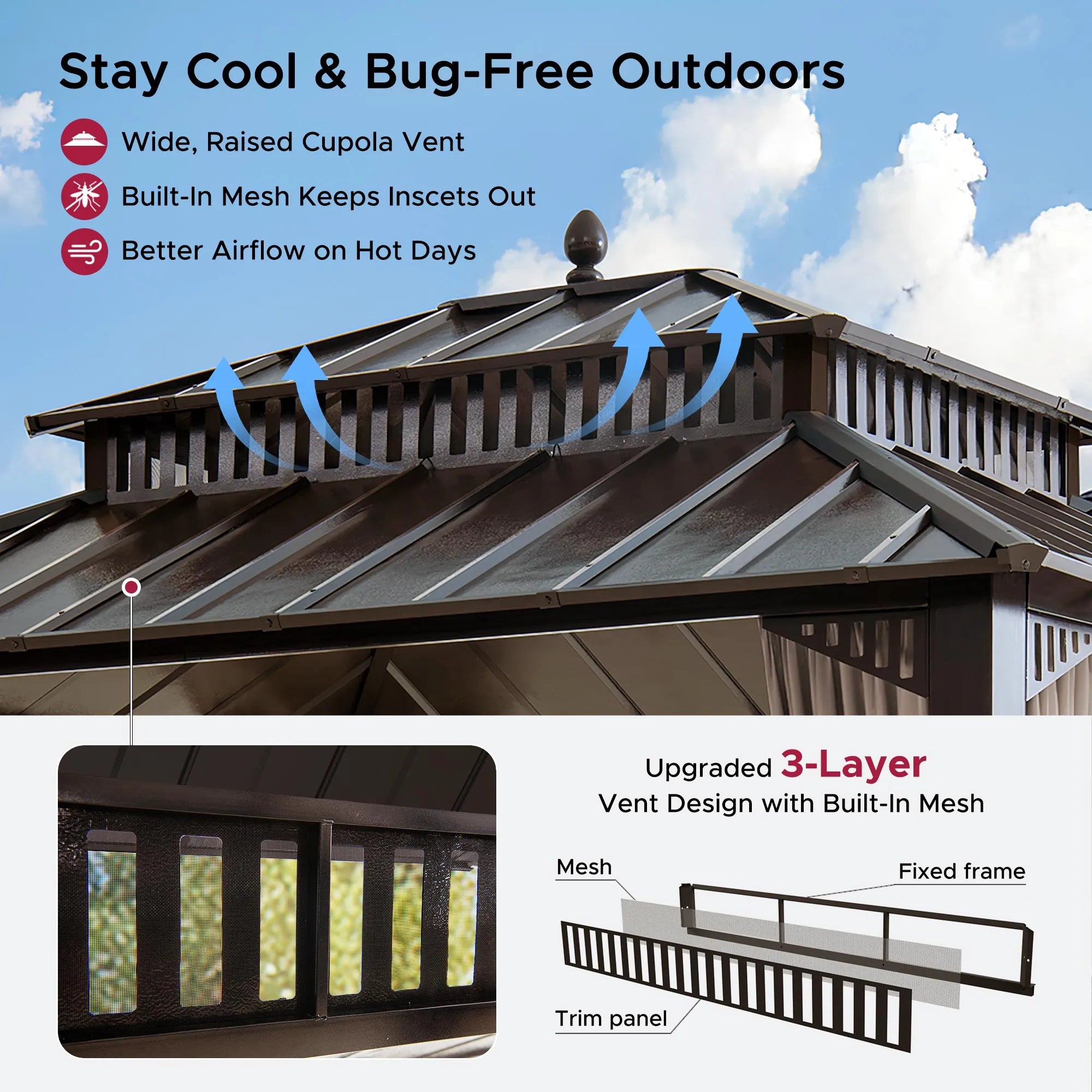 SUNJOY Kingston 12x10 Gazebo with Netting & Curtain | Steel Roof - Brown Aluminum Posts