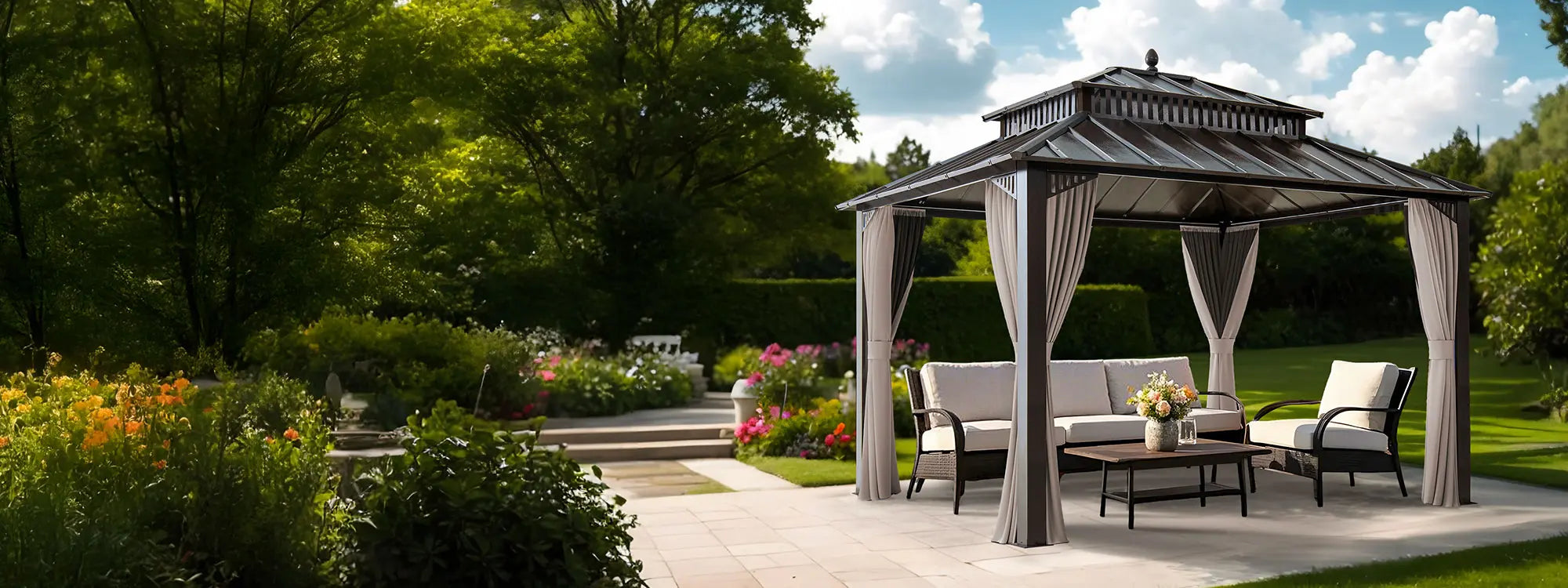 SUNJOY Kingston 12x10 Gazebo with Netting & Curtain | Steel Roof - Brown Aluminum Posts