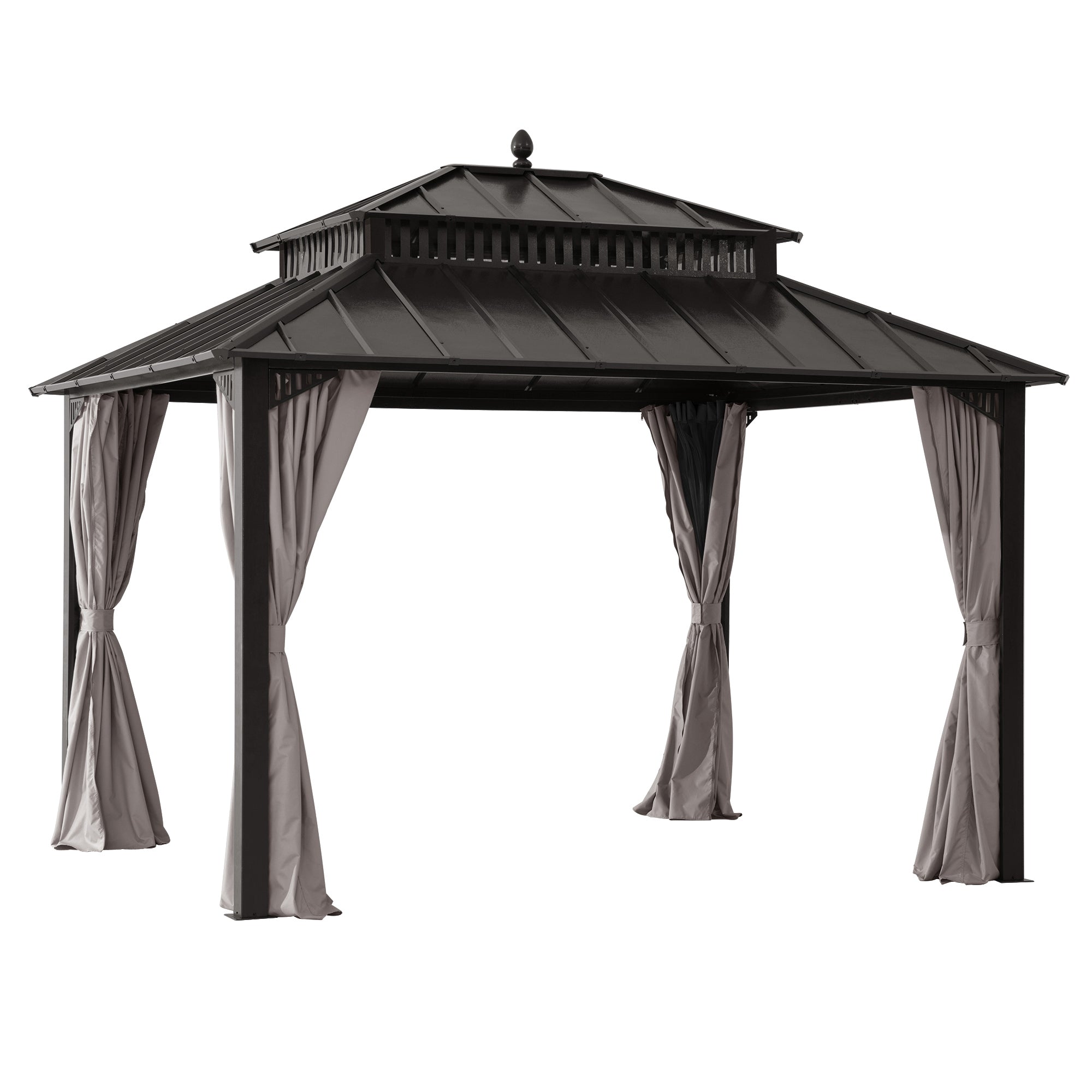 SUNJOY Kingston 12x10 Gazebo with Netting & Curtain | Steel Roof with Extra-Tall & Oversized Vent Top - Brown Aluminum Posts