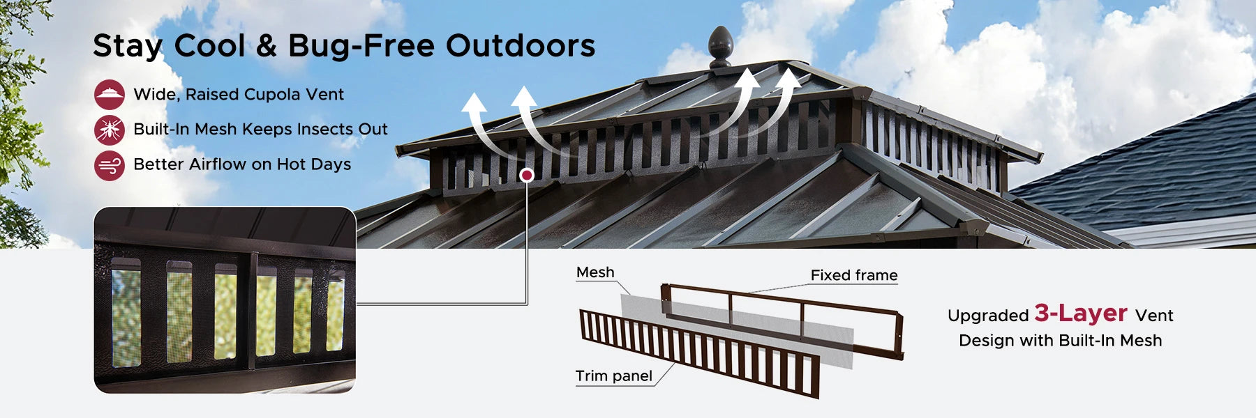 SUNJOY Kingston 12x10 Gazebo with Netting & Curtain | Steel Roof - Brown Aluminum Posts