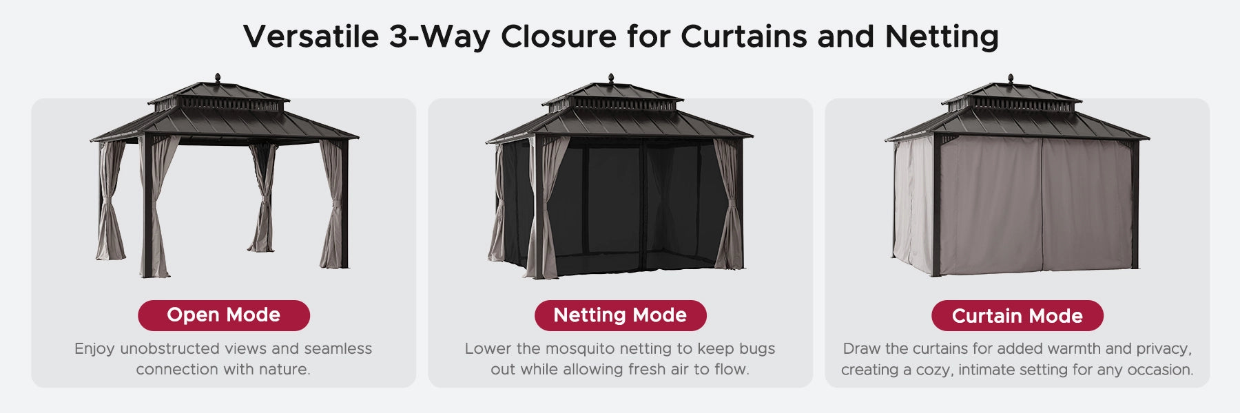 SUNJOY Kingston 12x10 Gazebo with Netting & Curtain | Steel Roof - Brown Aluminum Posts