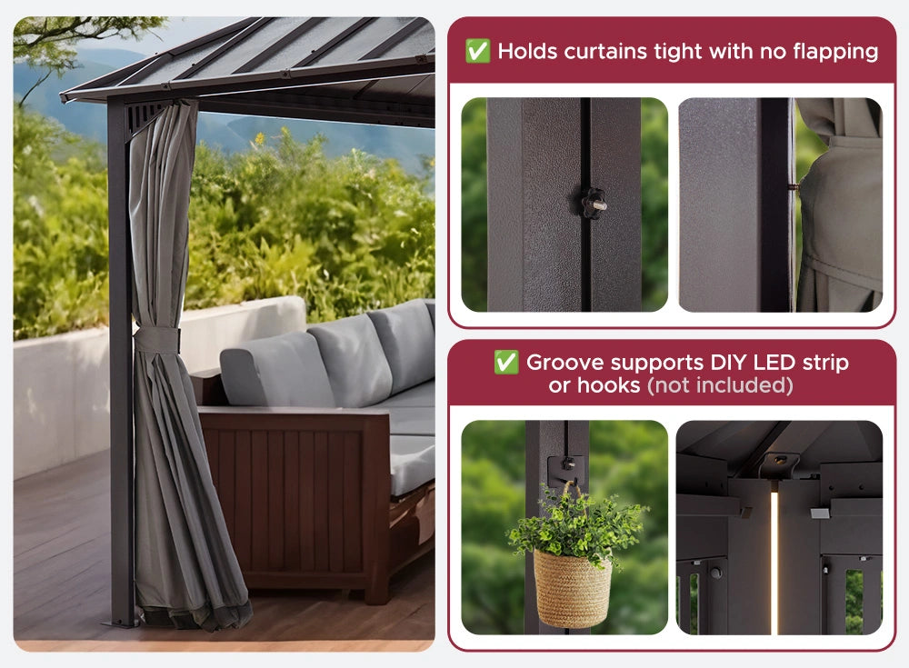 SUNJOY Kingston 12x10 Gazebo with Netting & Curtain | Steel Roof - Brown Aluminum Posts