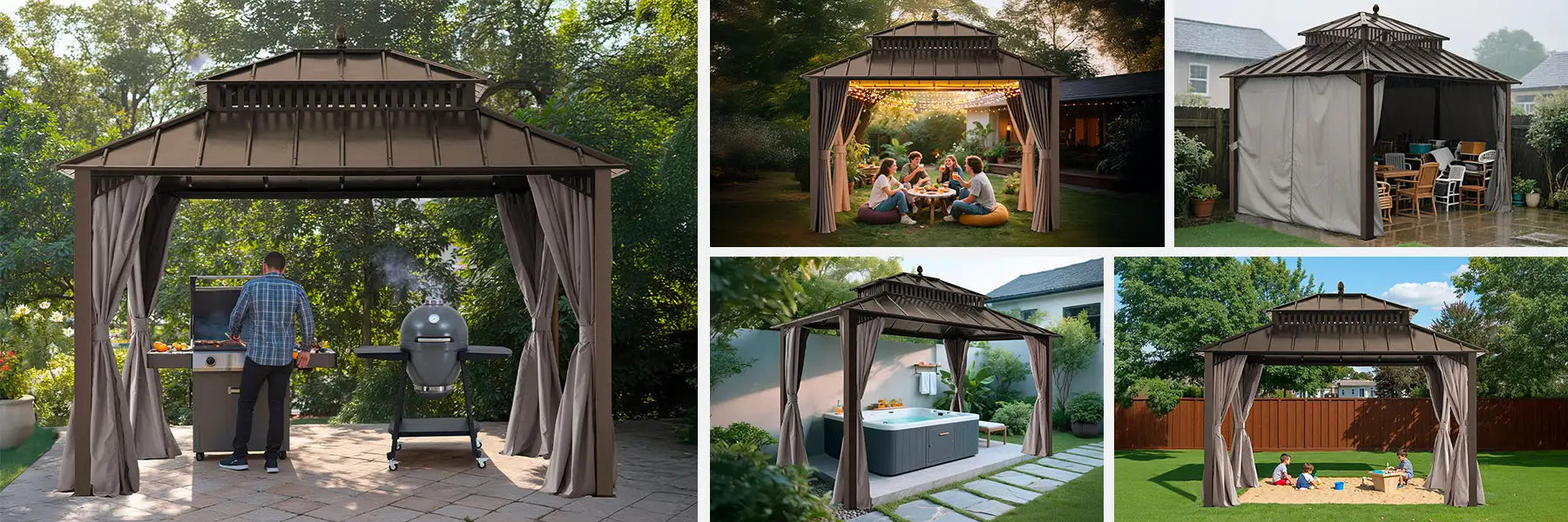 SUNJOY Kingston 12x10 Gazebo with Netting & Curtain | Steel Roof - Brown Aluminum Posts