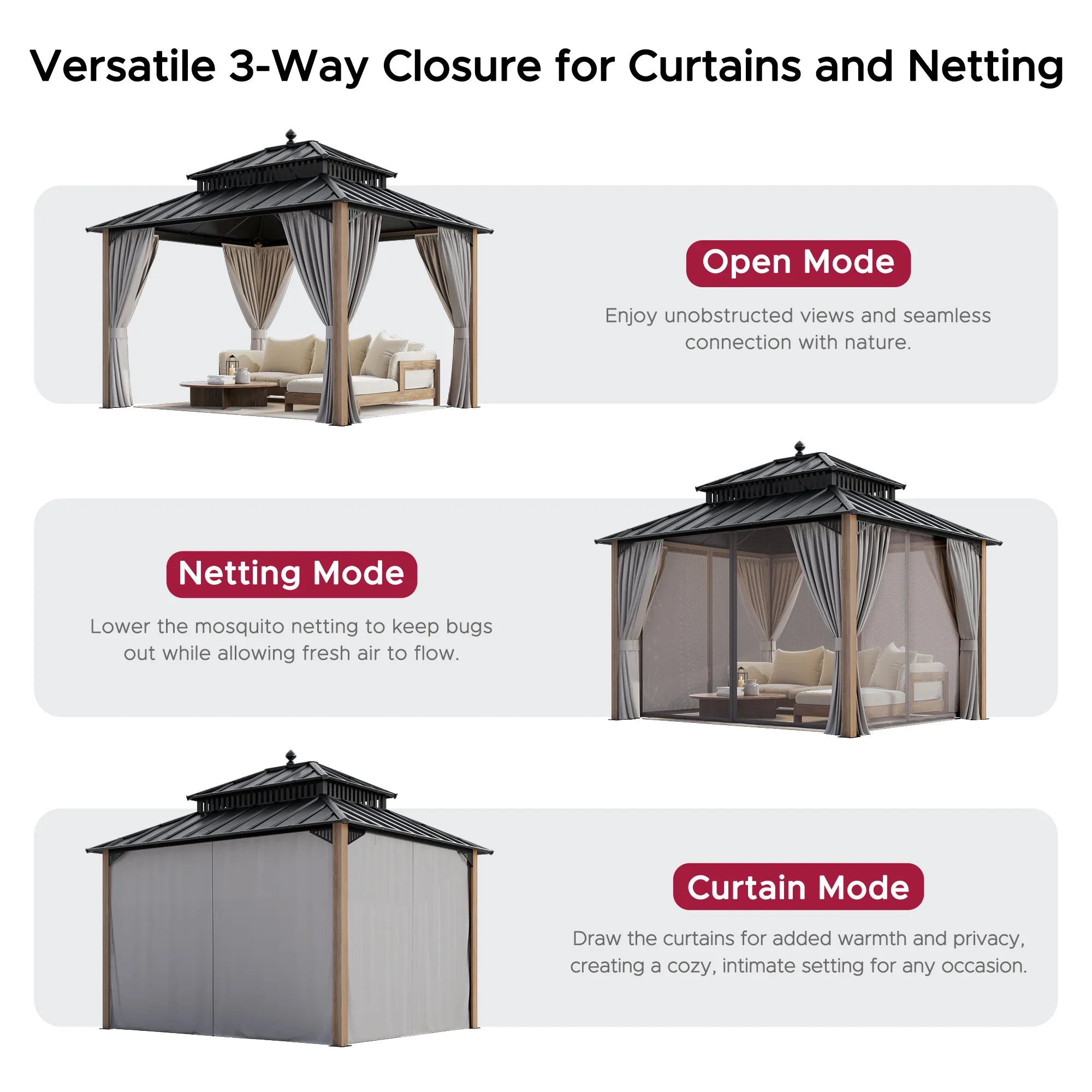SUNJOY Kingston 12x10 Gazebo with Netting & Curtain | Steel Roof with Extra-Tall & Oversized Vent Top - Ceadr Wood Posts