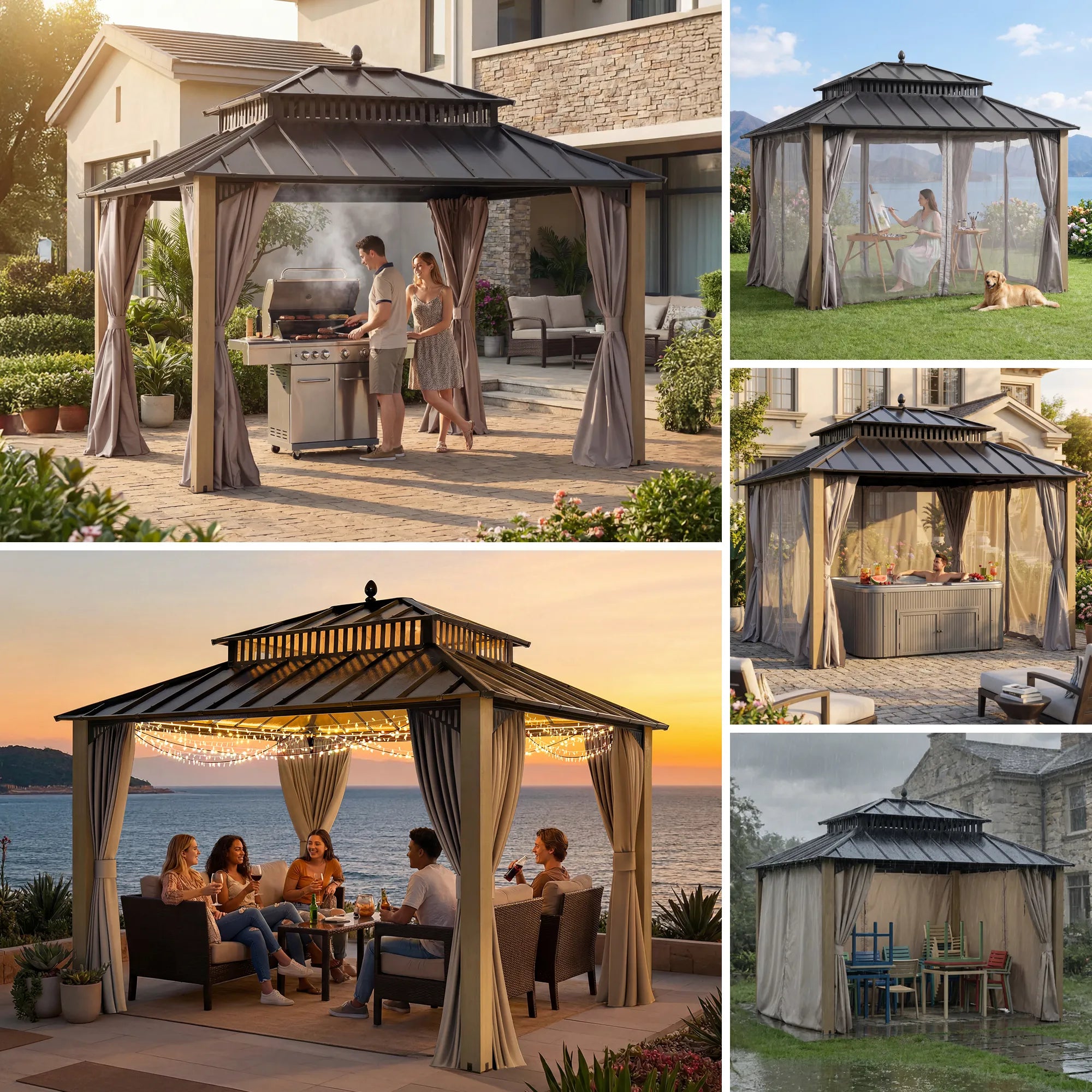 SUNJOY Kingston 12x10 Gazebo with Netting & Curtain | Steel Roof with Extra-Tall & Oversized Vent Top - Ceadr Wood Posts