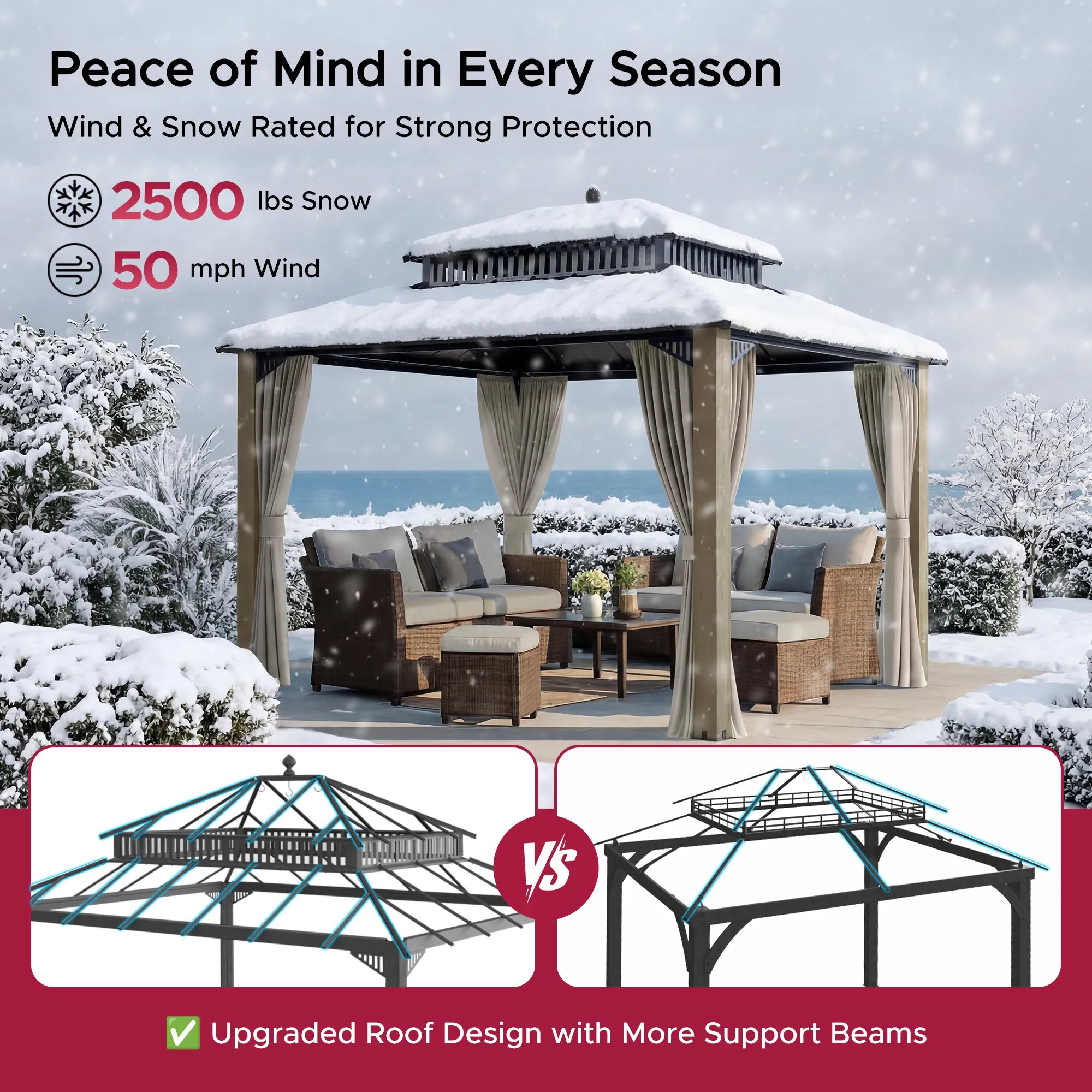 SUNJOY Kingston 12x10 Gazebo with Netting & Curtain | Steel Roof with Extra-Tall & Oversized Vent Top - Ceadr Wood Posts