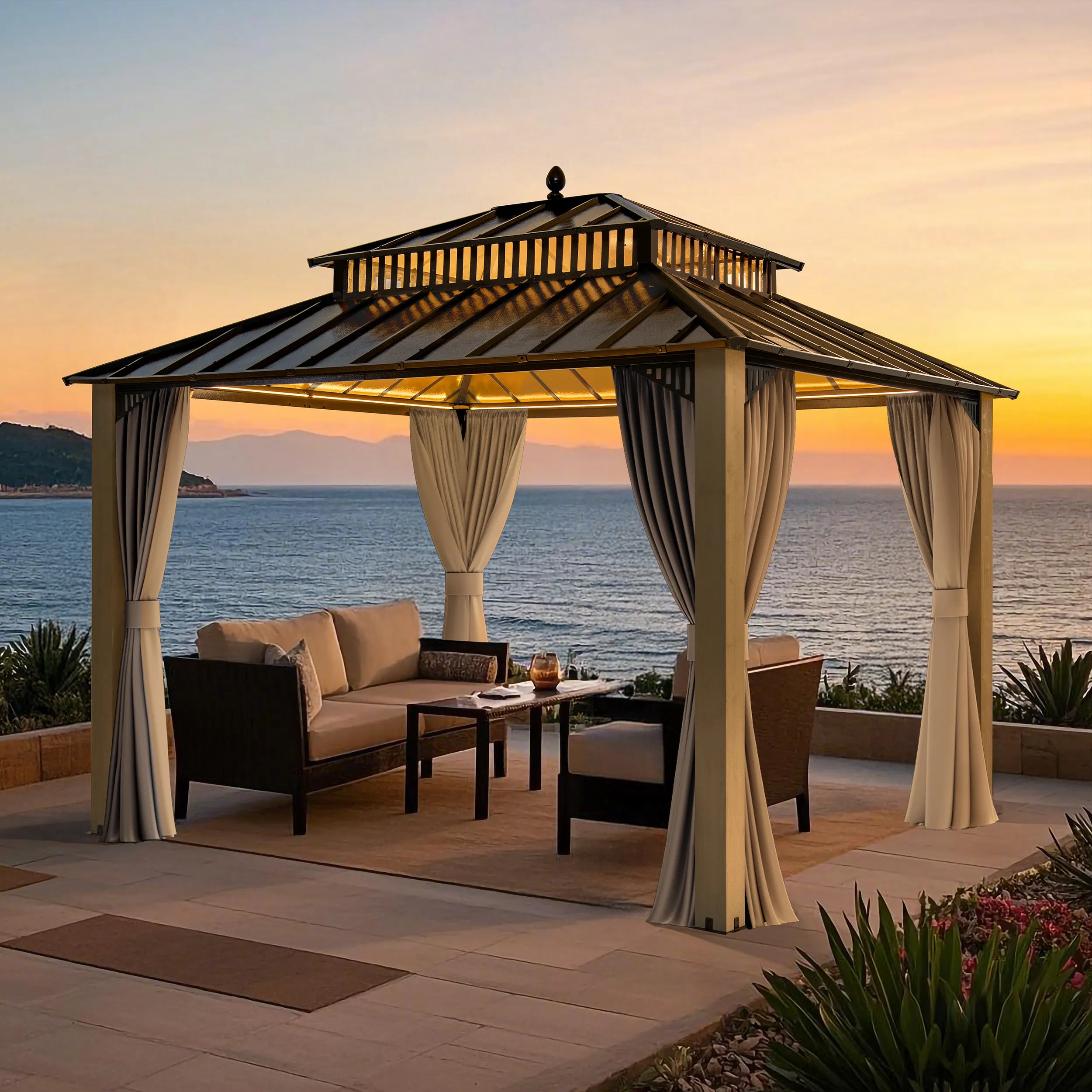 SUNJOY Kingston 12x10 Gazebo with Netting & Curtain | Steel Roof with Extra-Tall & Oversized Vent Top - Ceadr Wood Posts