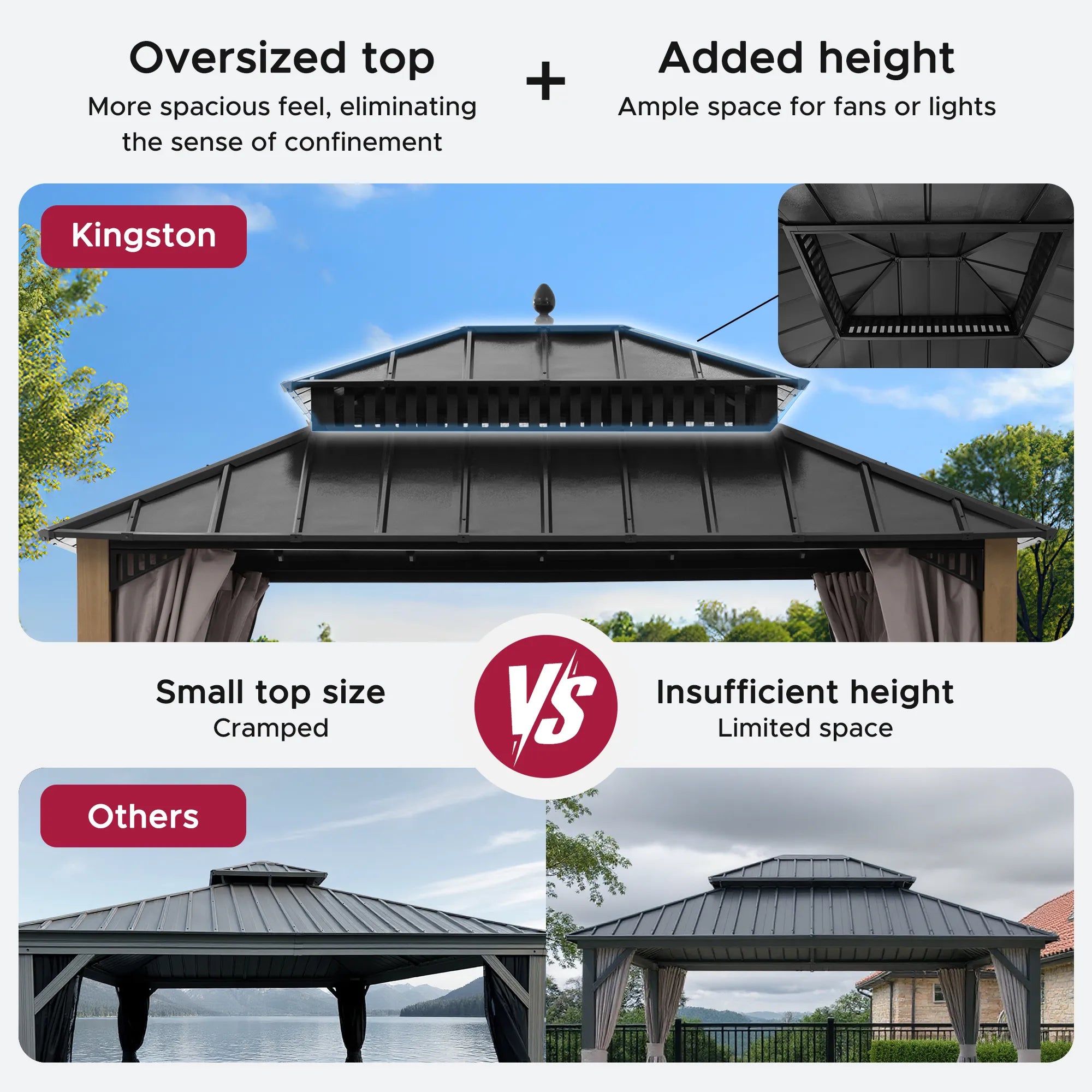 SUNJOY Kingston 12x10 Gazebo with Netting & Curtain | Steel Roof with Extra-Tall & Oversized Vent Top - Ceadr Wood Posts