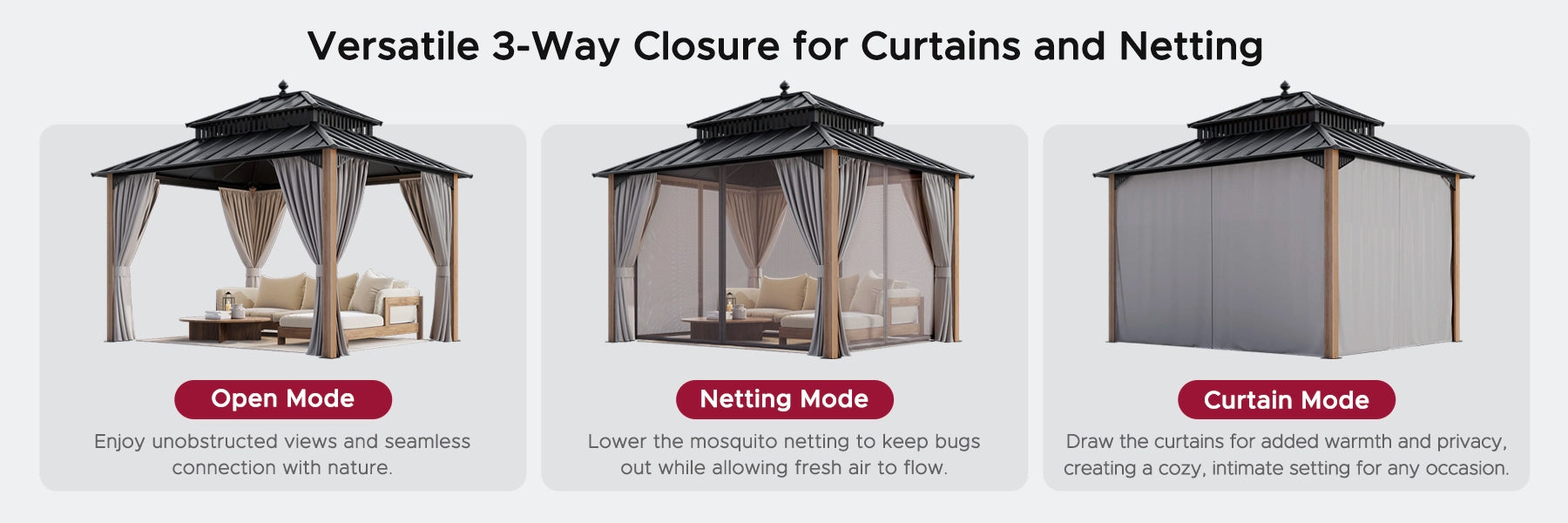 SUNJOY Kingston 12x10 Gazebo with Netting & Curtain | Steel Roof with Extra-Tall & Oversized Vent Top - Ceadr Wood Posts