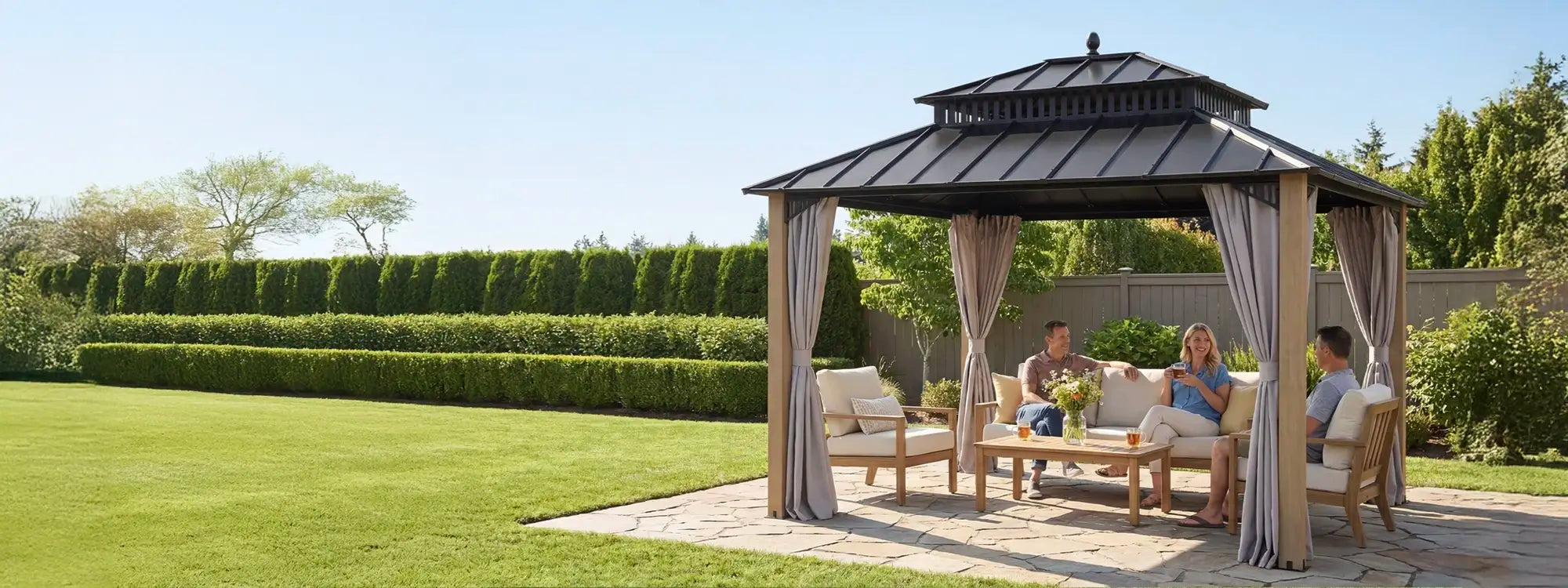 SUNJOY Kingston 12x10 Gazebo with Netting & Curtain | Steel Roof with Extra-Tall & Oversized Vent Top - Ceadr Wood Posts